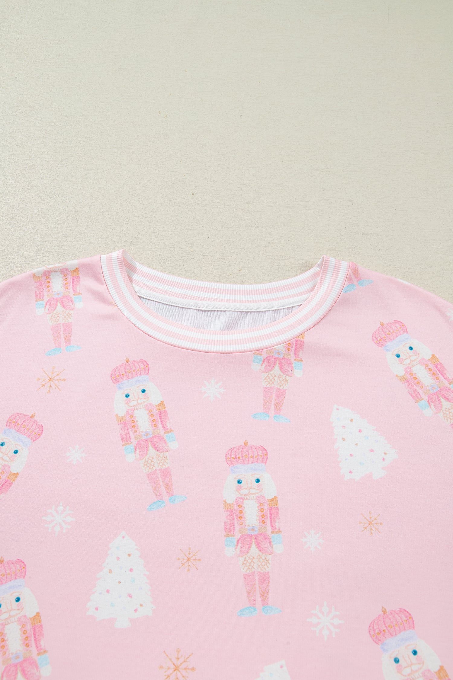 Pink Christmas Tree Nutcracker Doll Print Contrast Trim Long Sleeve Top Matching Shorts Set