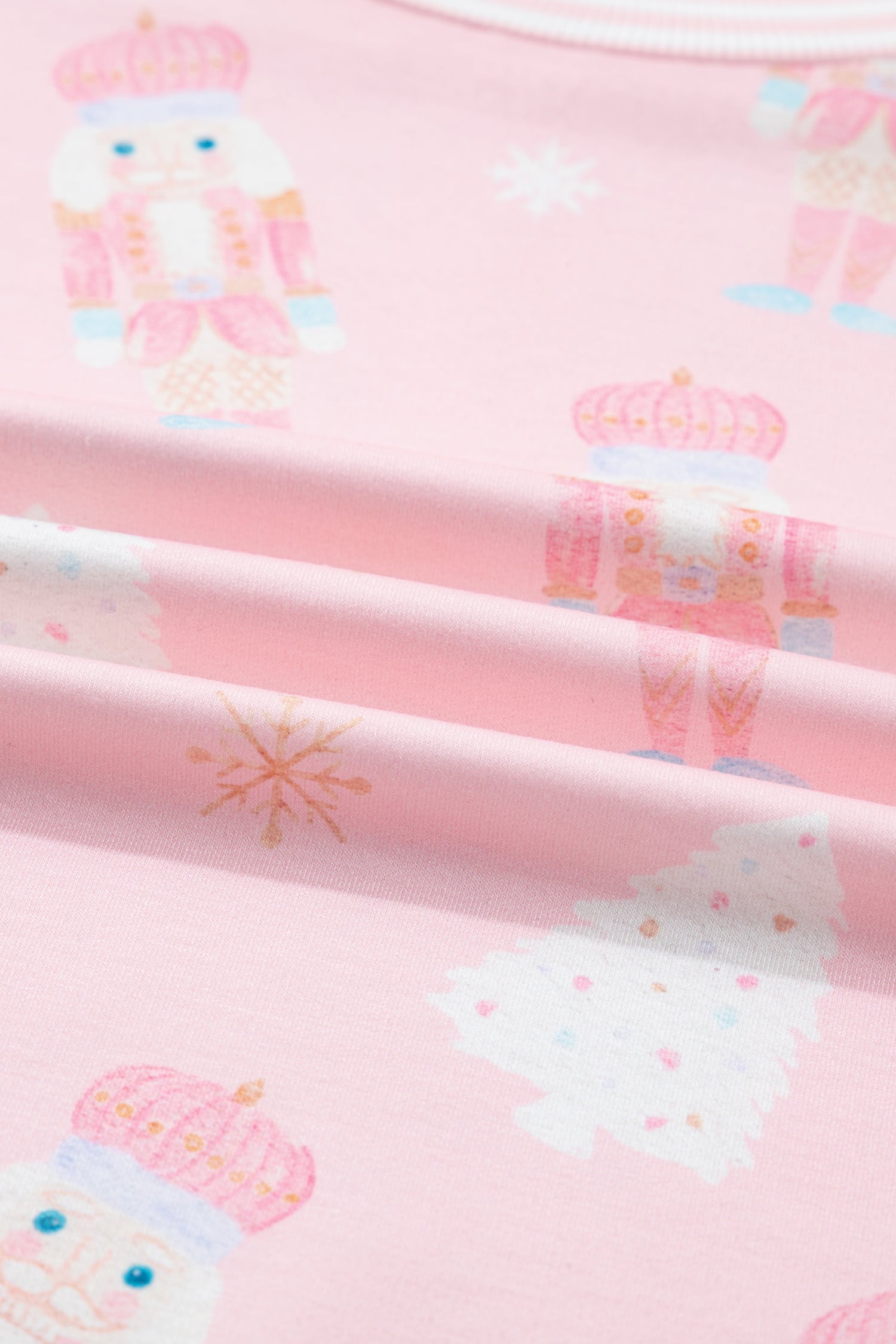 Pink Christmas Tree Nutcracker Doll Print Contrast Trim Long Sleeve Top Matching Shorts Set