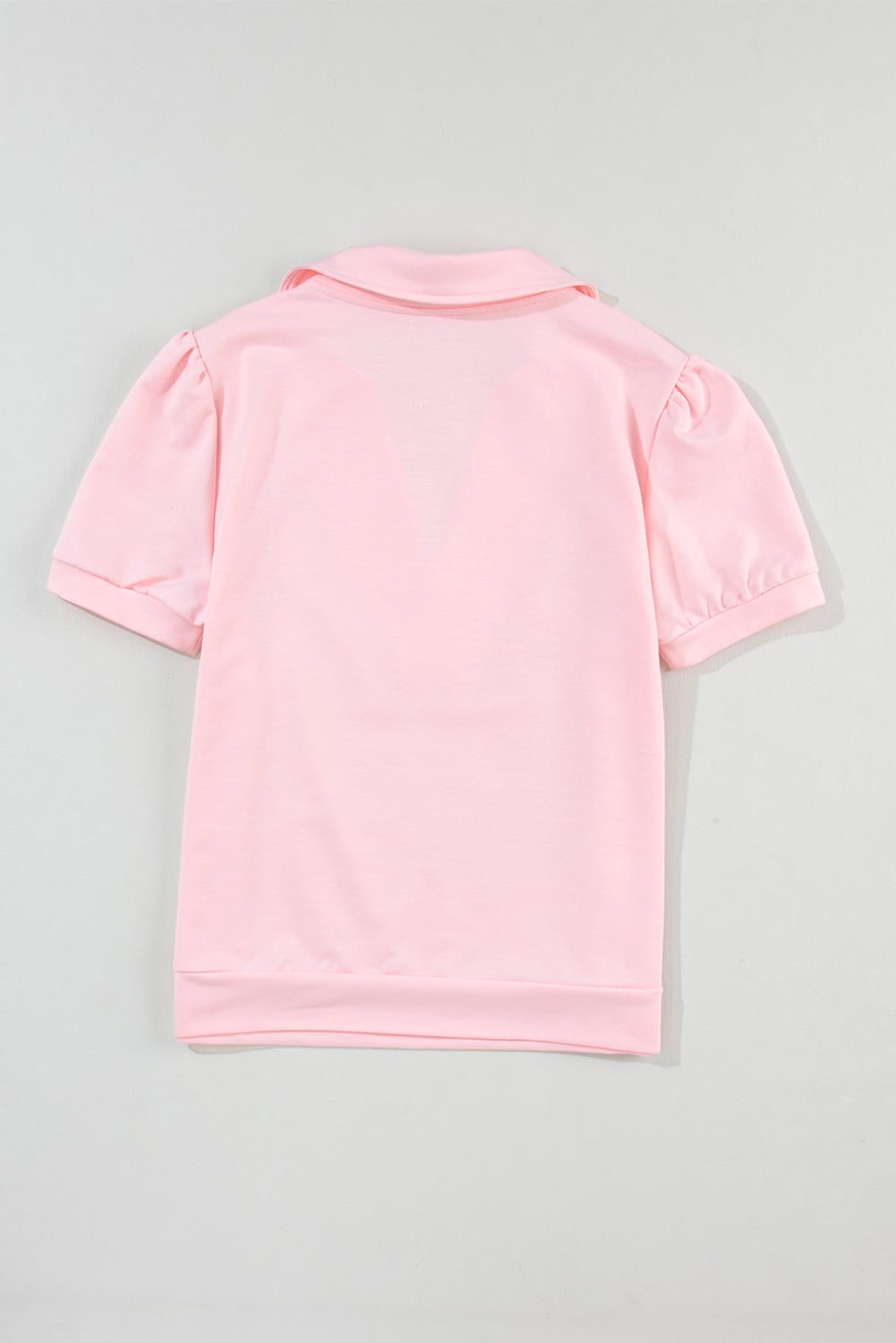 Pink Collared V Neck Puff Sleeve T-shirt