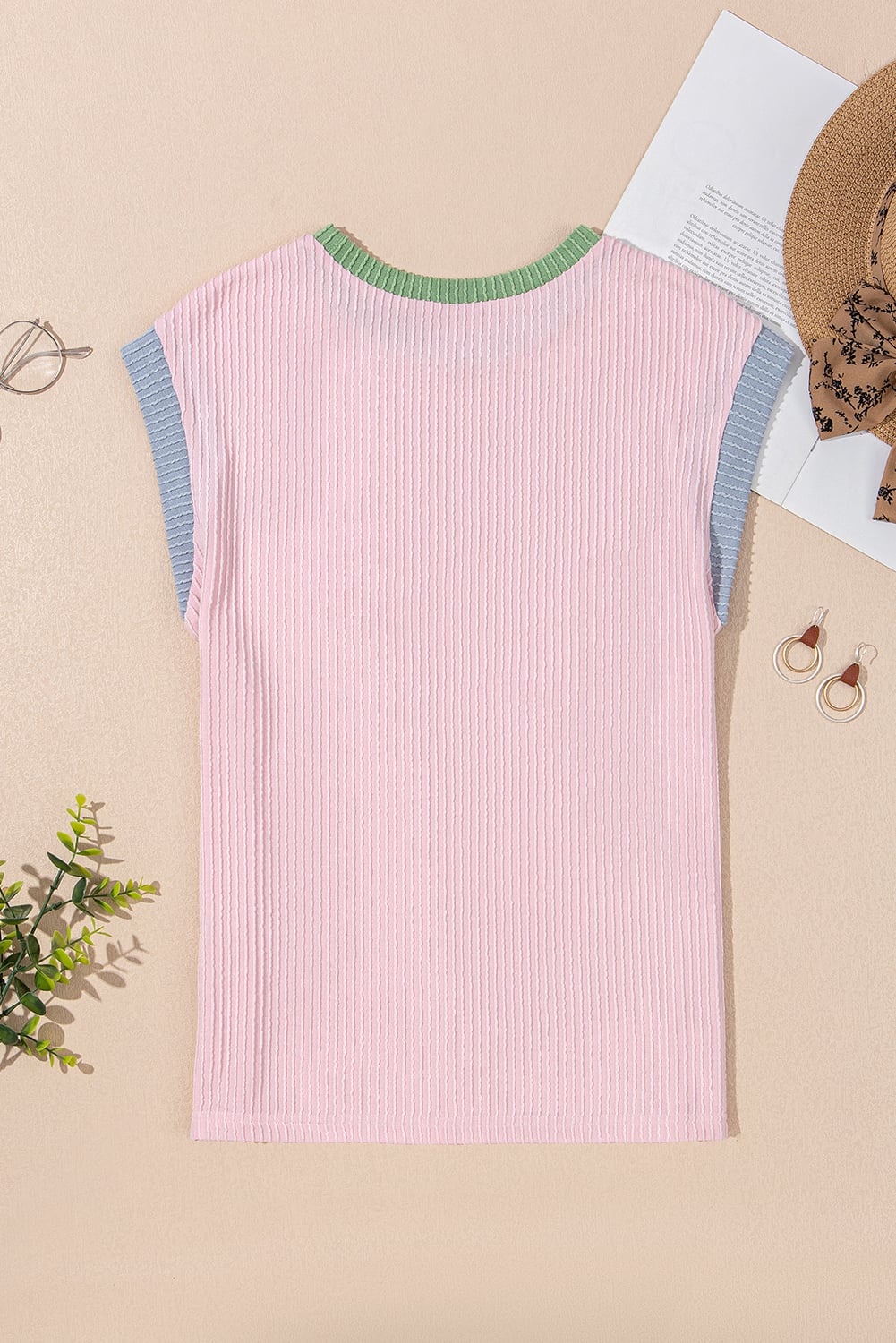 Pink Color Block Corded Knit Crew Neck Tee