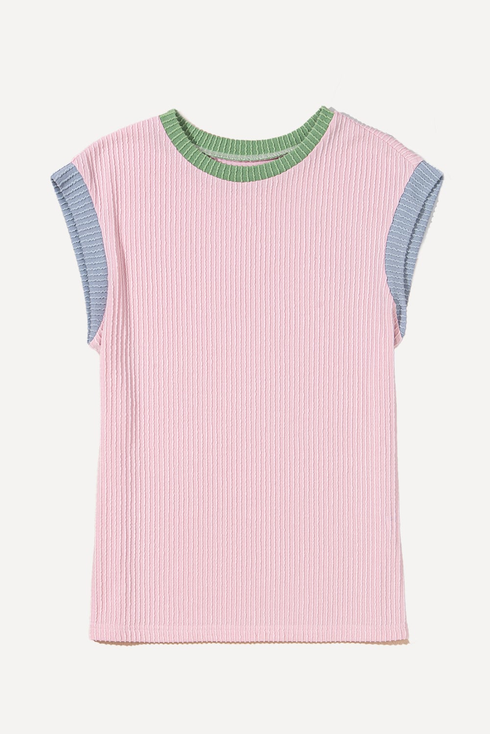 Pink Color Block Corded Knit Crew Neck Tee
