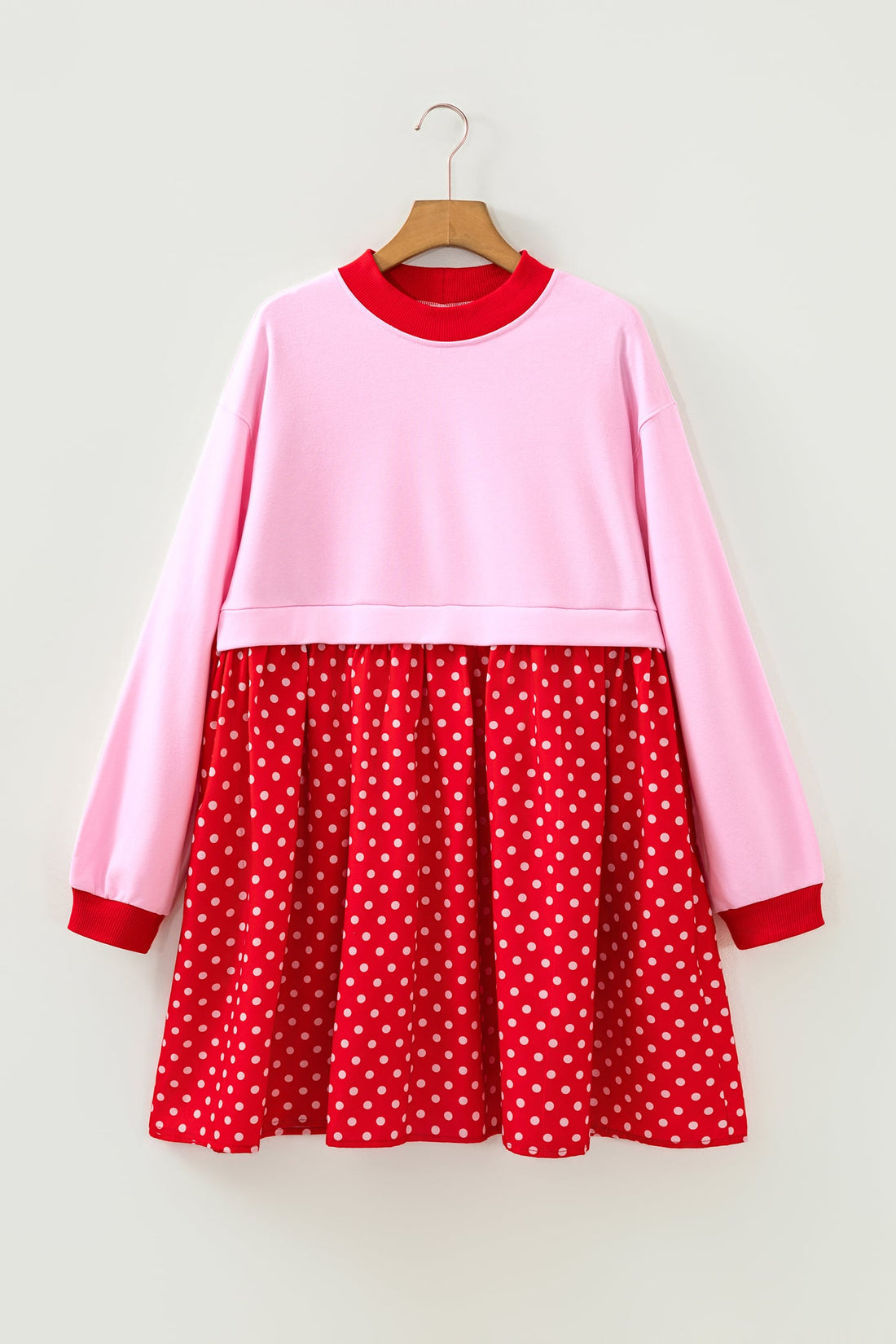 Pink Color Block Long Sleeve Polka Dot Contrast Pleated Mini Dress