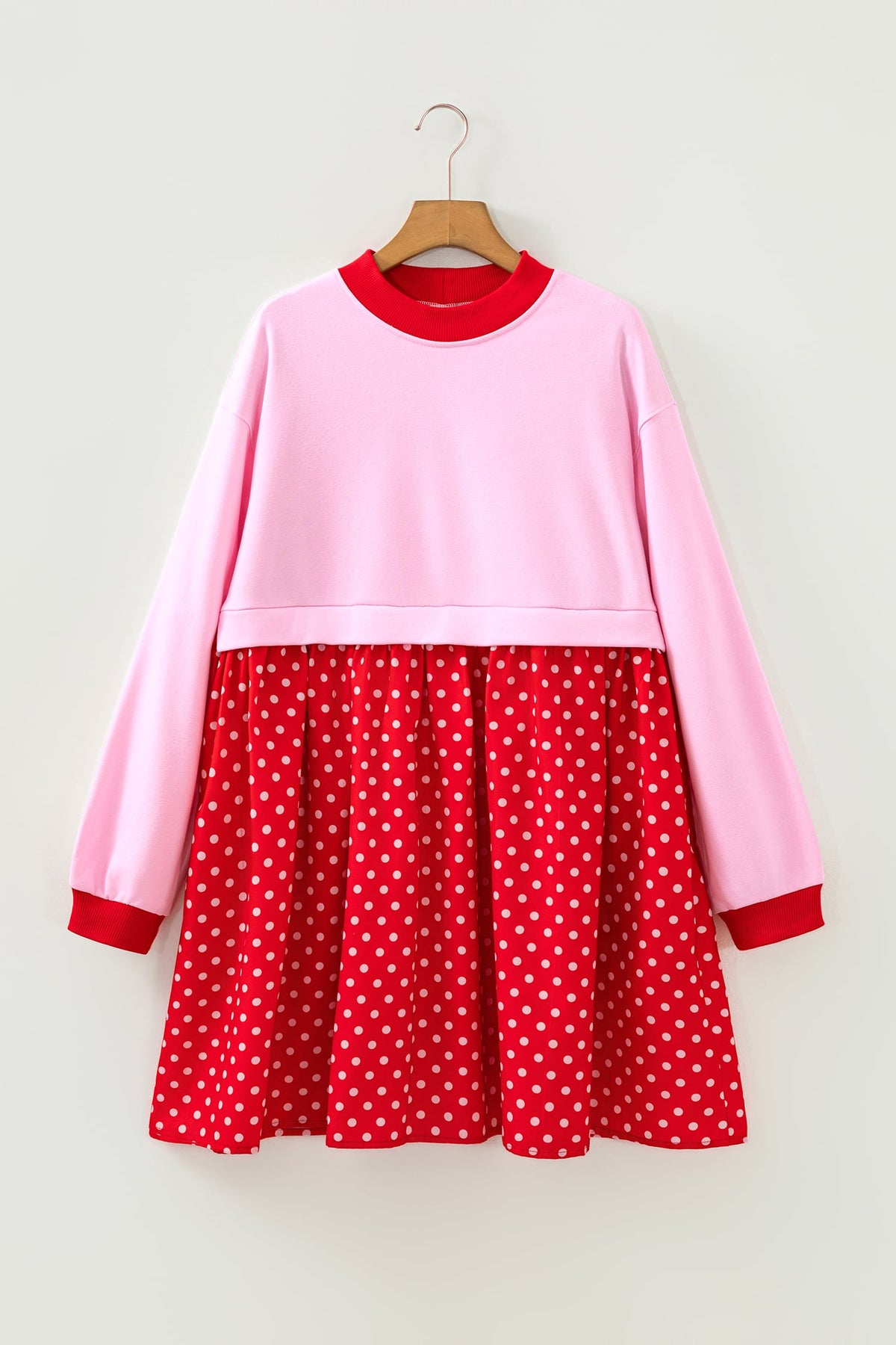 Pink Color Block Long Sleeve Polka Dot Contrast Pleated Mini Dress
