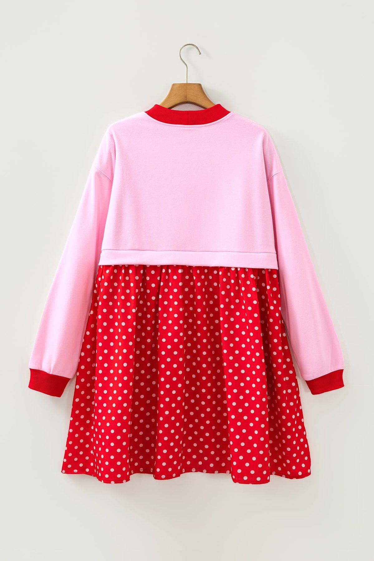 Pink Color Block Long Sleeve Polka Dot Contrast Pleated Mini Dress