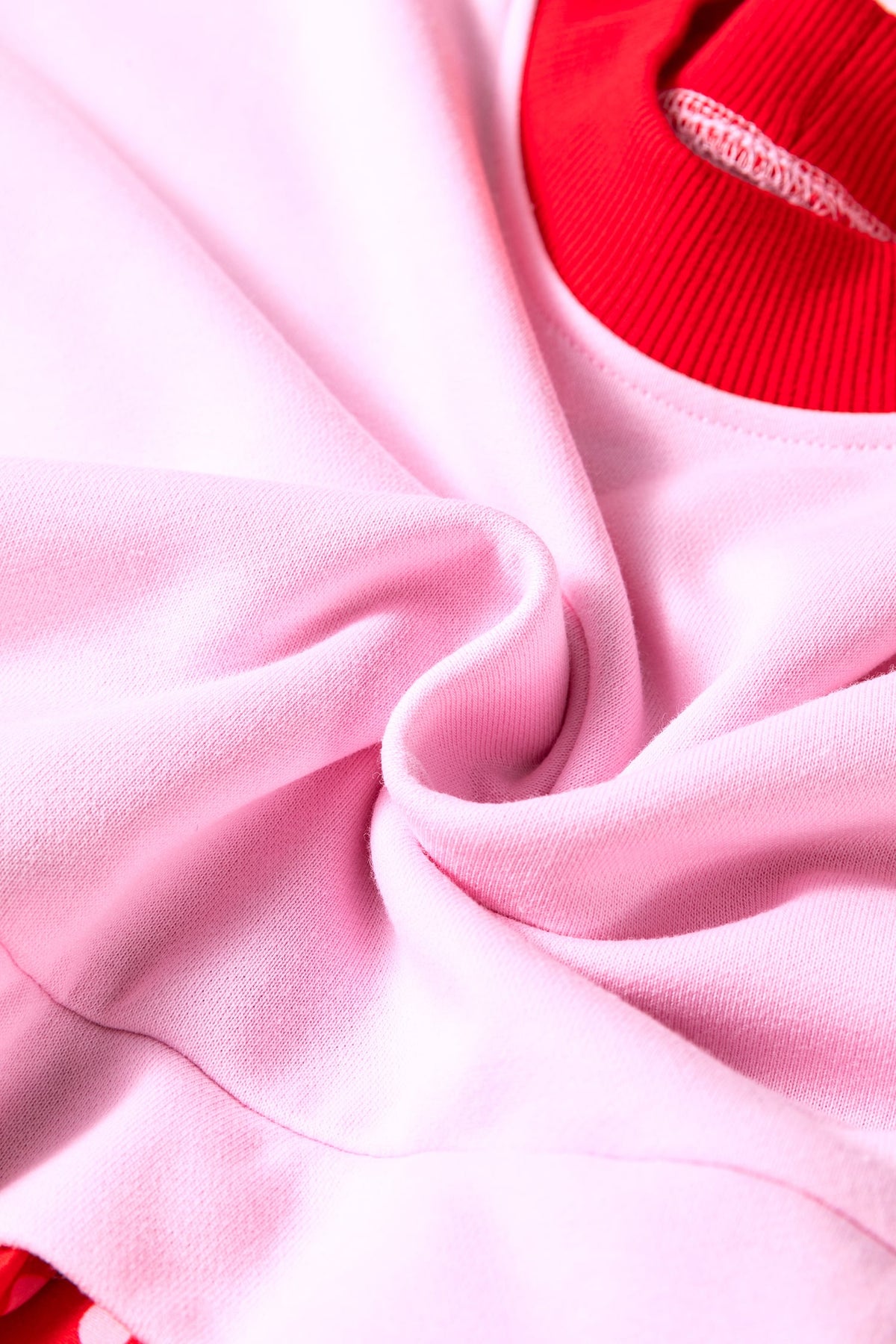 Pink Color Block Long Sleeve Polka Dot Contrast Pleated Mini Dress