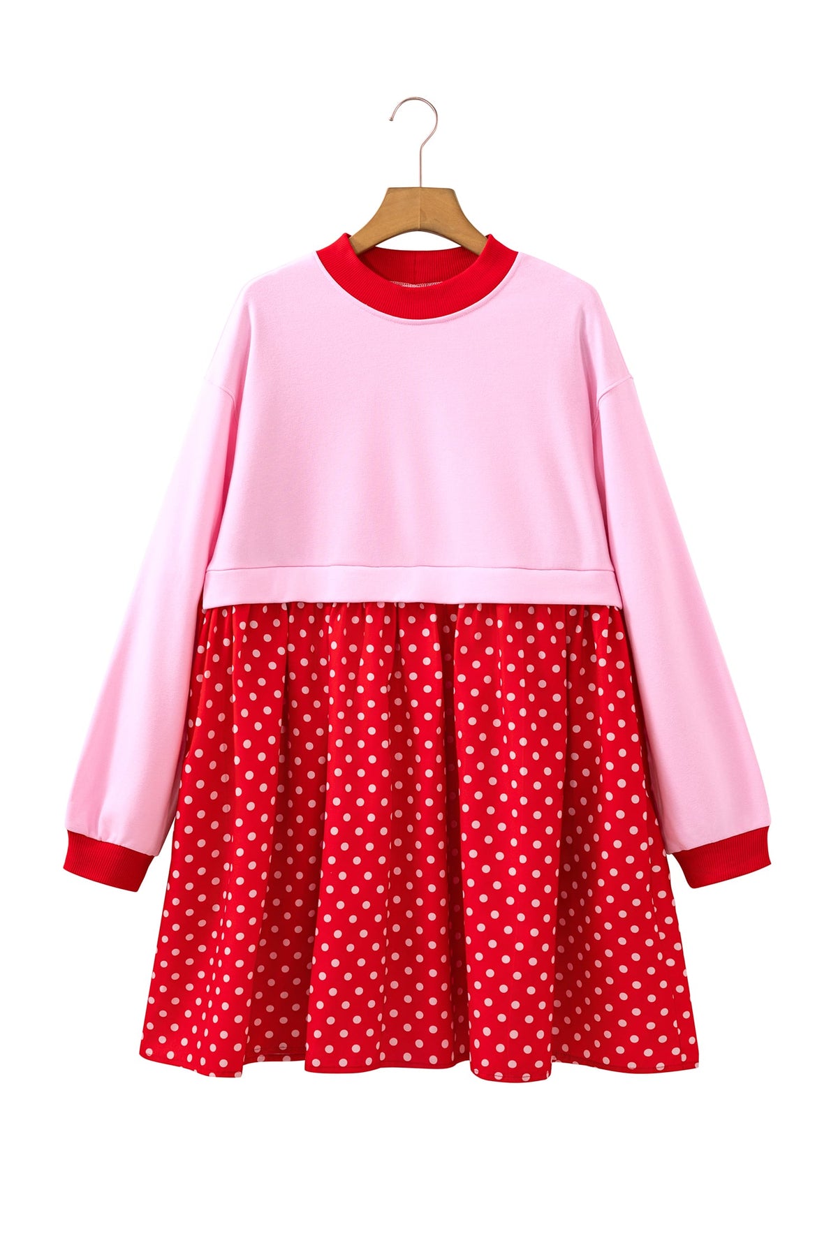 Pink Color Block Long Sleeve Polka Dot Contrast Pleated Mini Dress