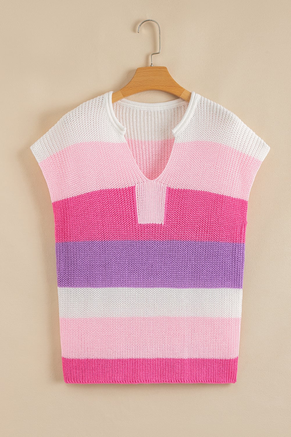 Pink Color Block Notch V Neck Sweater T Shirt