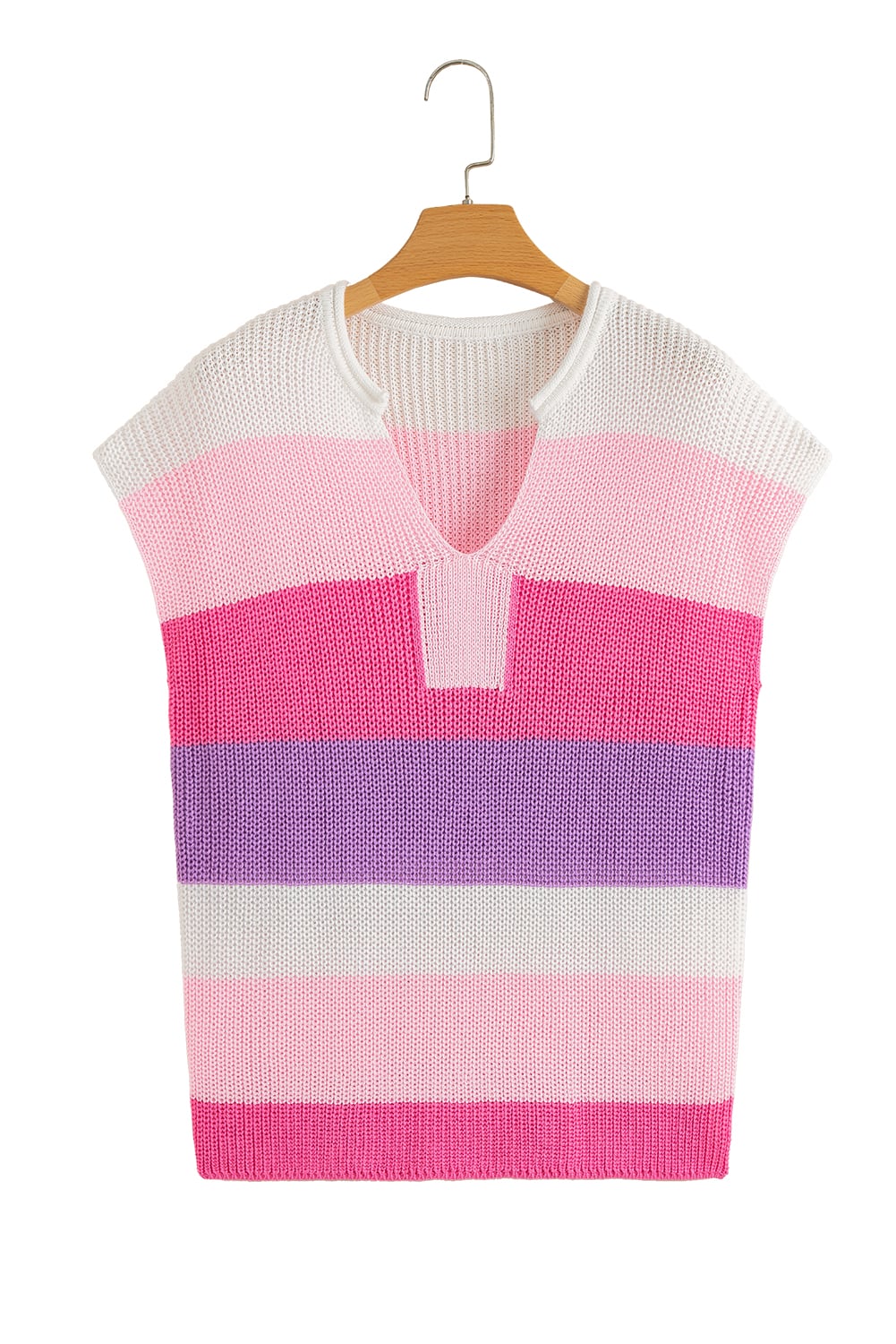 Pink Color Block Notch V Neck Sweater T Shirt