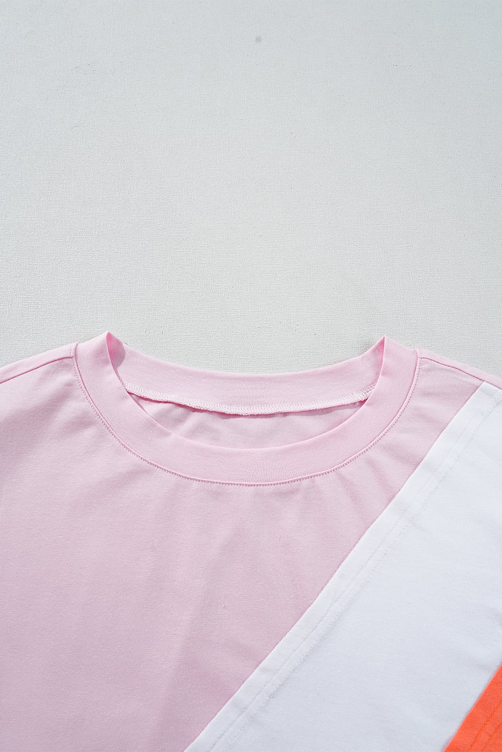 Pink Color Block Patchwork Seamed Crewneck T Shirt