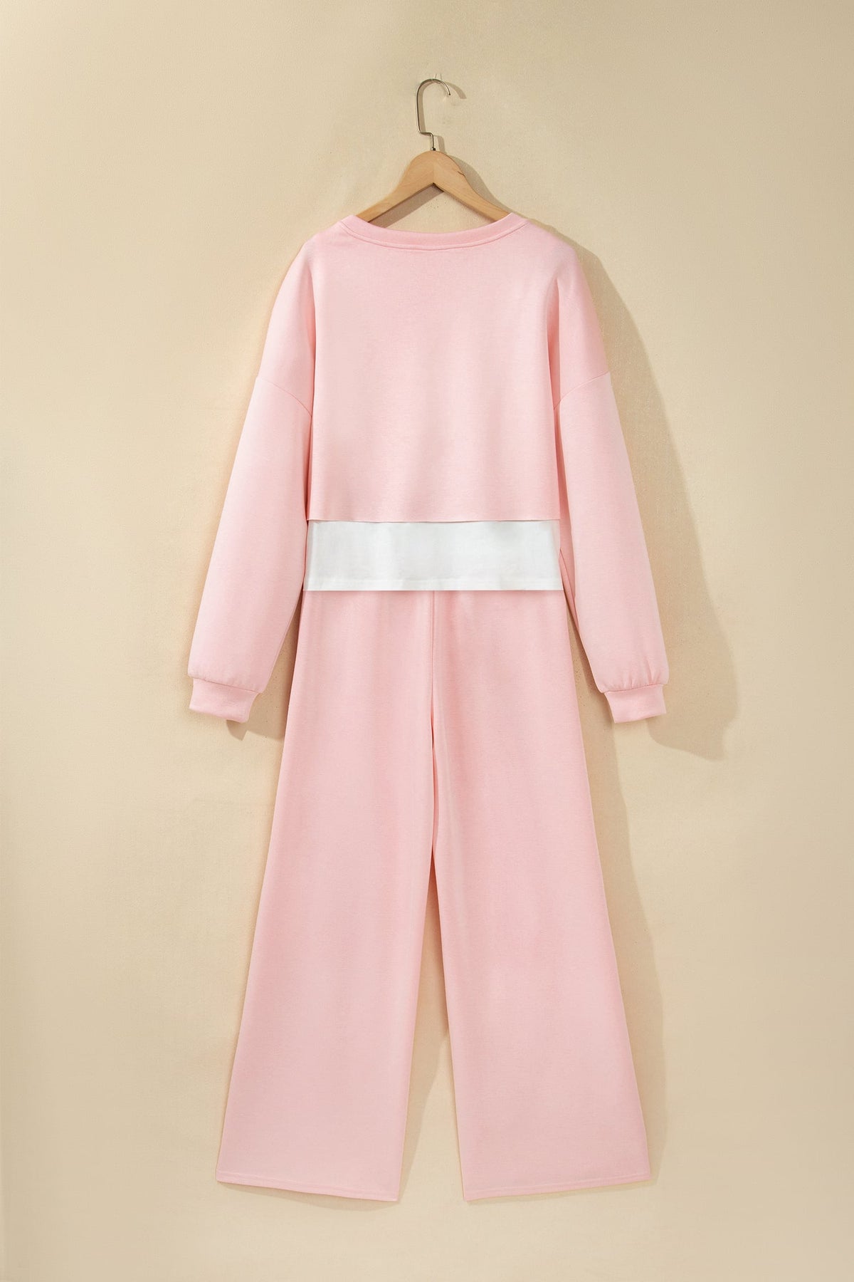 Pink Color Contrast Overlay Long Sleeve Top Drawstring Loose Pant Set