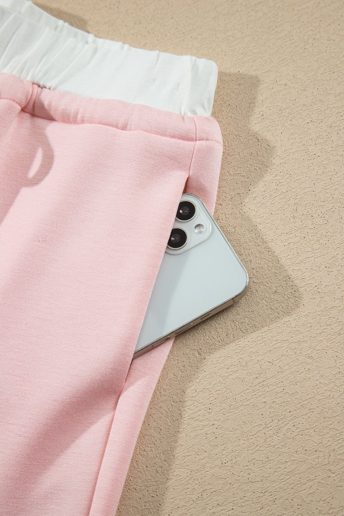 Pink Color Contrast Overlay Long Sleeve Top Drawstring Loose Pant Set