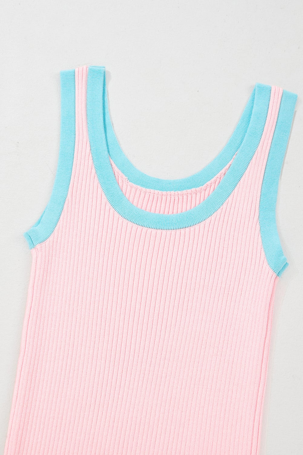 Pink Colorblock Edge Ribbed Knit U Neck Tank Top