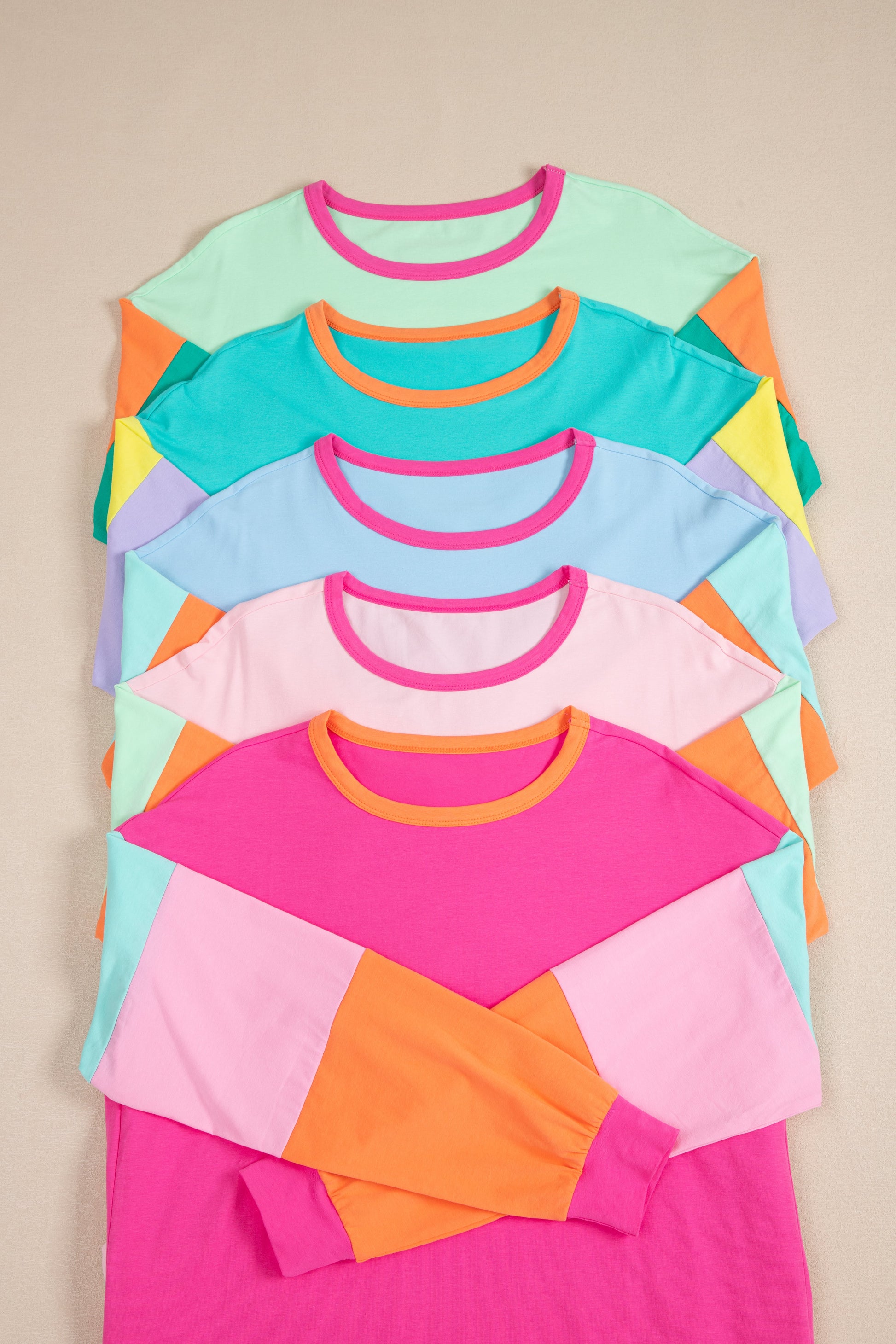 Pink Colorblock Patchwork Long Sleeve Loose Top