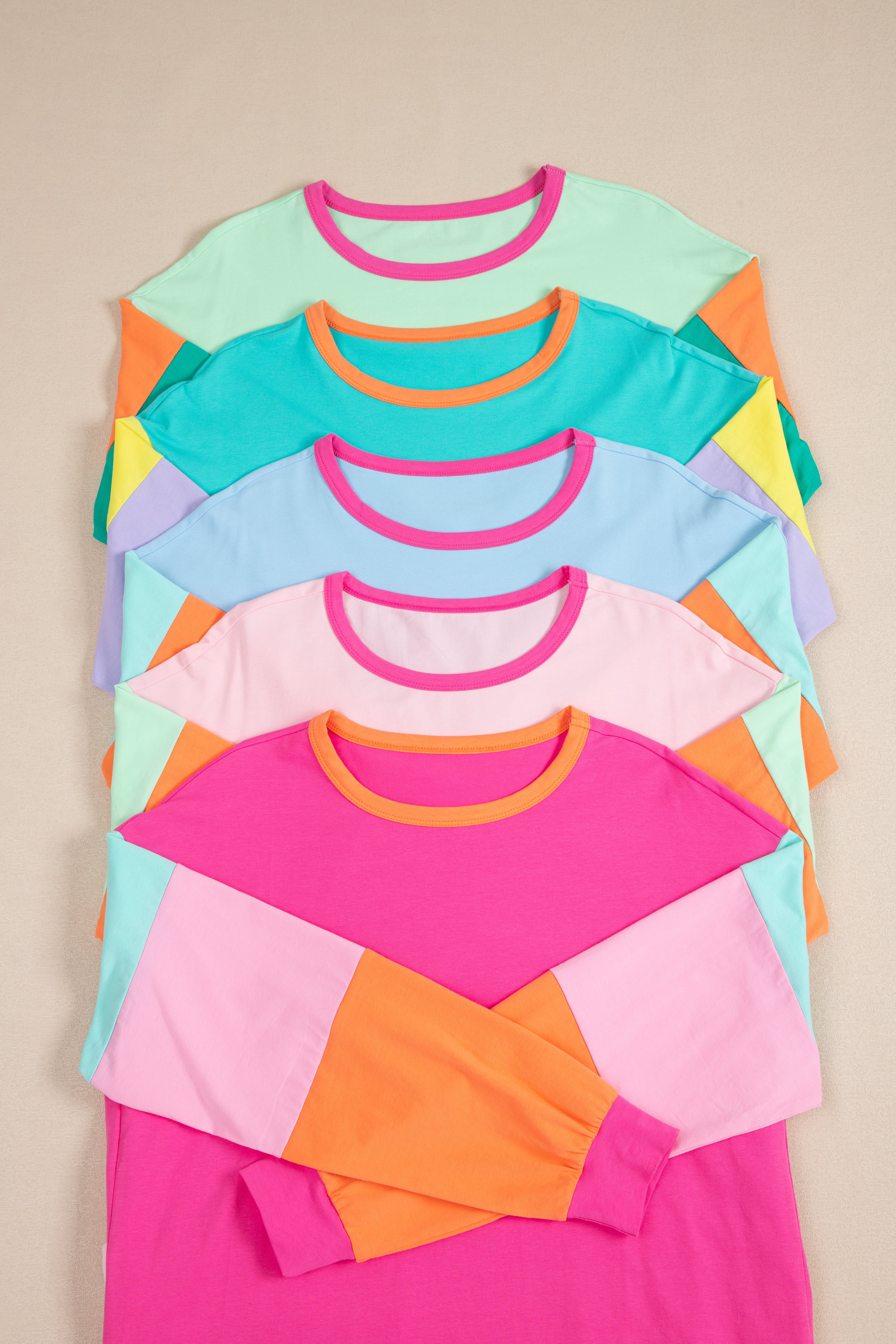 Pink Colorblock Patchwork Long Sleeve Loose Top