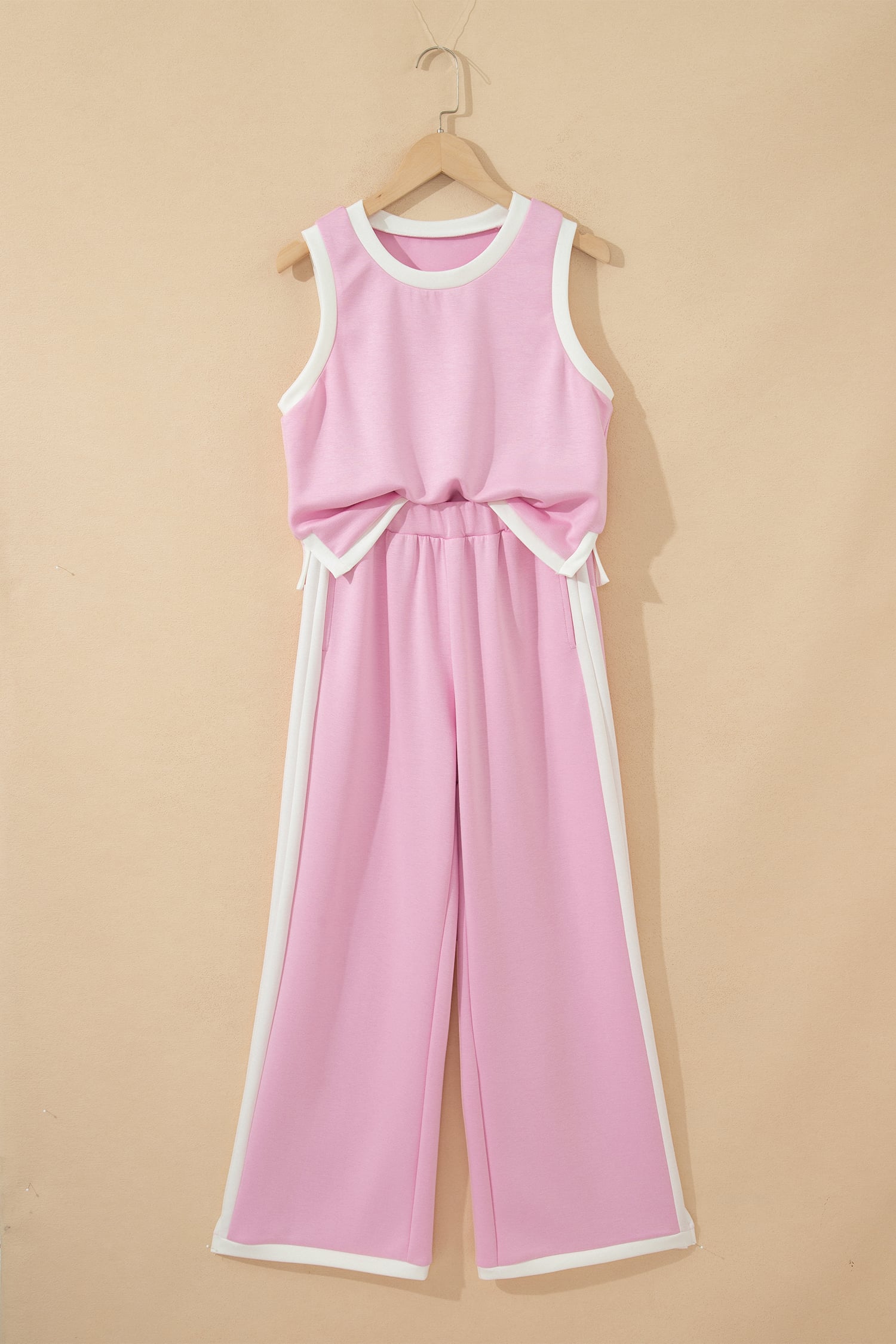 Pink Colorblock Trim Cropped Tank Elastic Waist Shift Pants 2pcs Set
