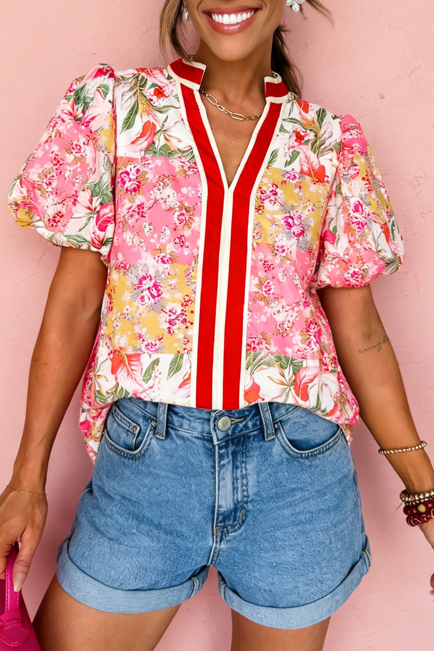 Pink Contrast Collared V Neck Short Sleeve Floral Blouse