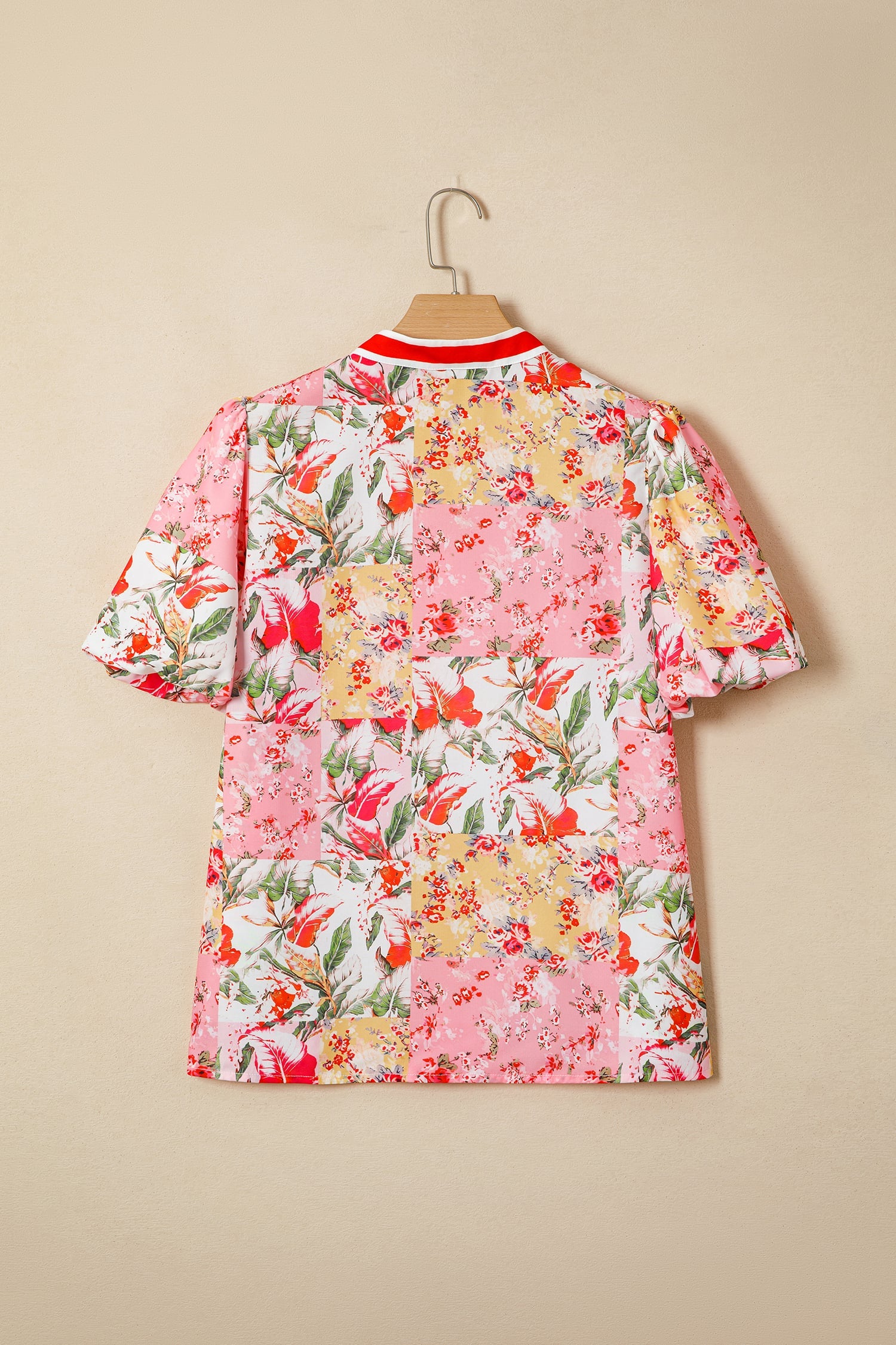 Pink Contrast Collared V Neck Short Sleeve Floral Blouse