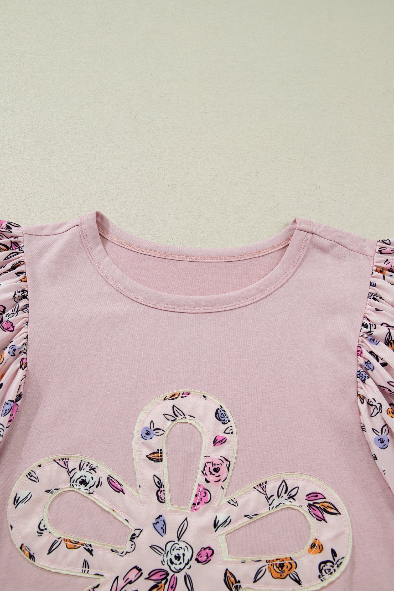 Pink Contrast Floral Patched Flowy Half Sleeve Blouse