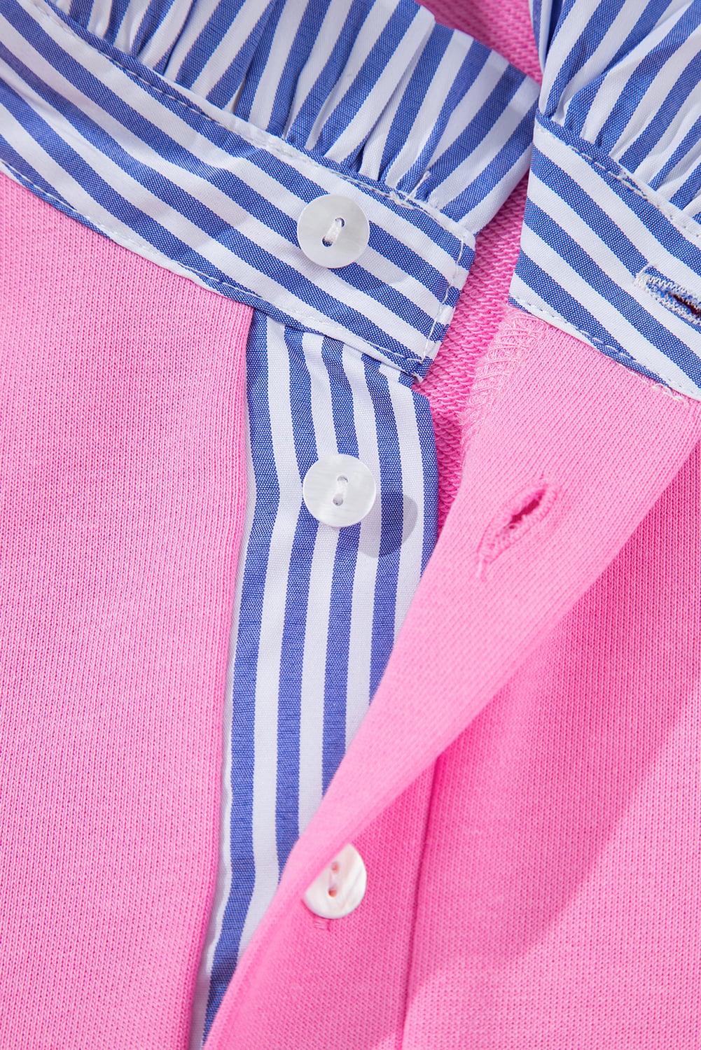 Pink Contrast Striped Collar Patchwork Puff Sleeve Ruffle Hem Mini Dress