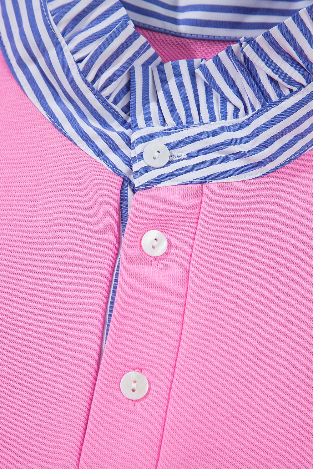 Pink Contrast Striped Collar Patchwork Puff Sleeve Ruffle Hem Mini Dress