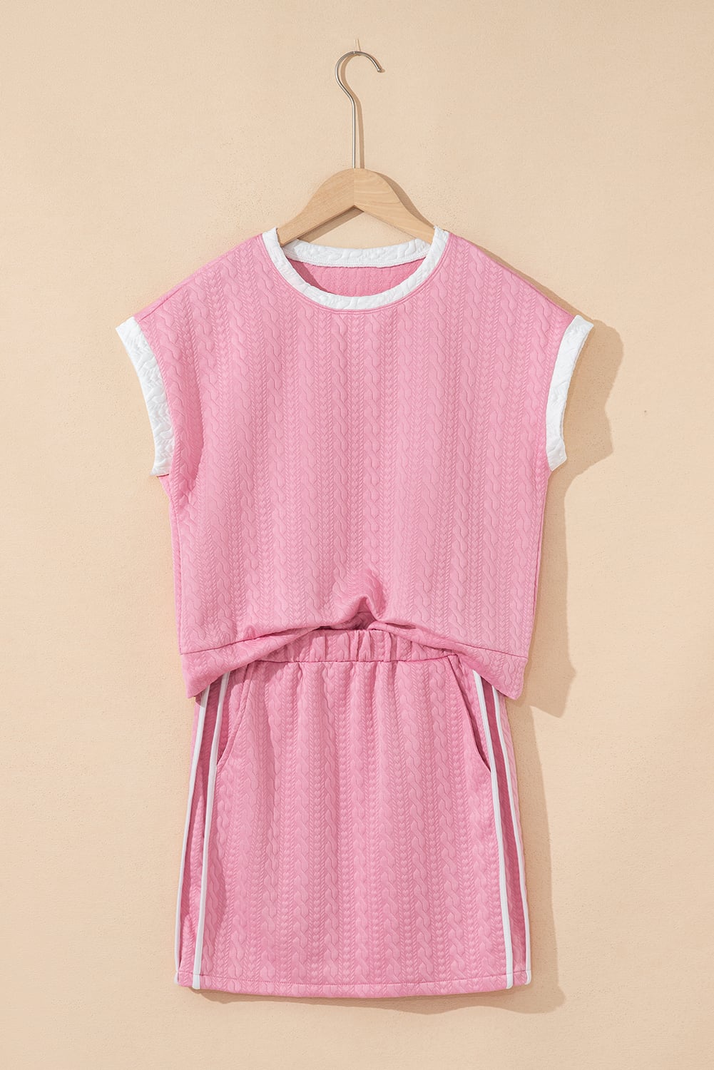 Pink Contrast Trim Textured Crewneck Tee and Pocketed Skirt Set
