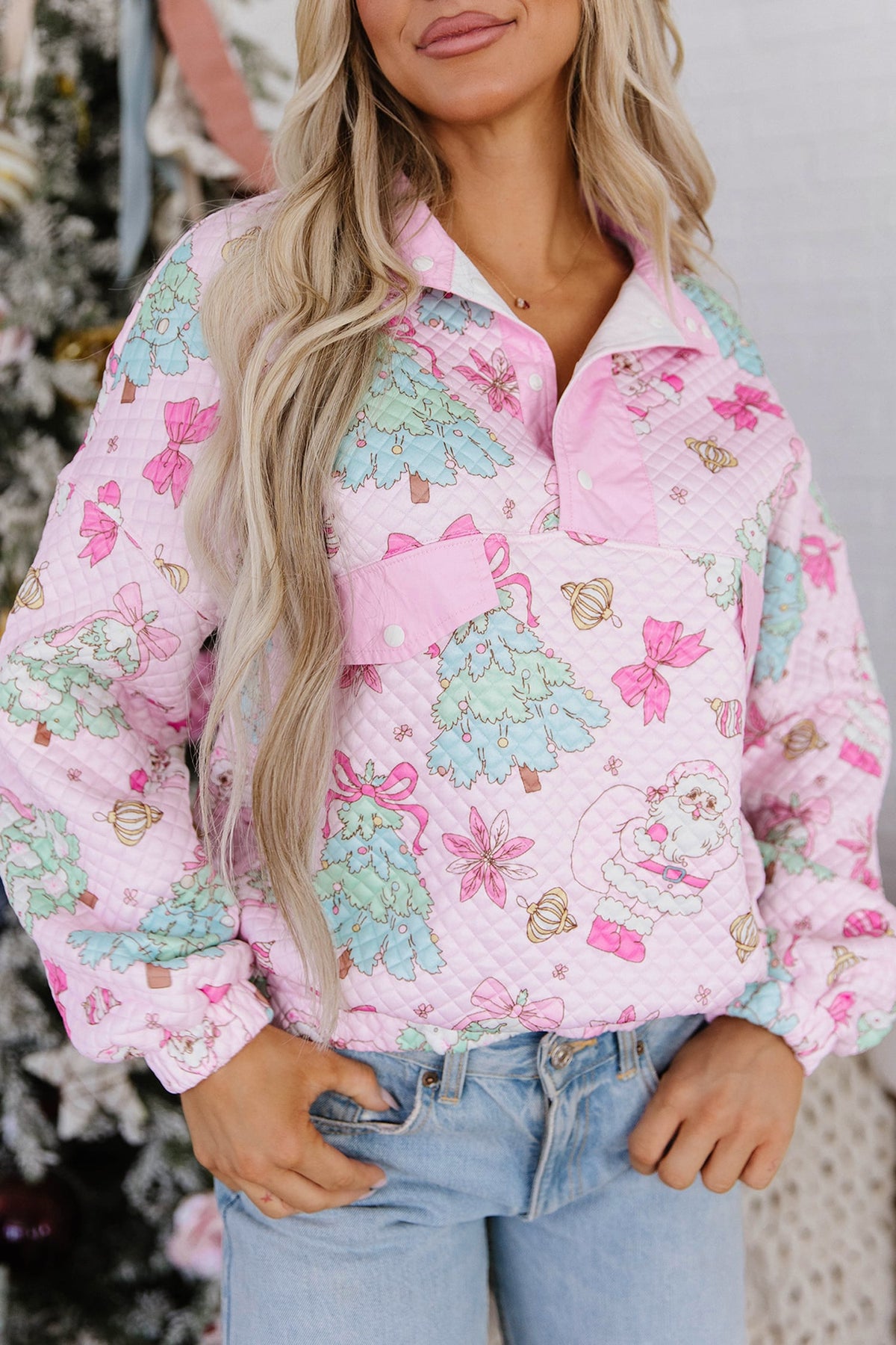 Pink Cute Christmas Print Collar Half Button Loose Sweatshirt
