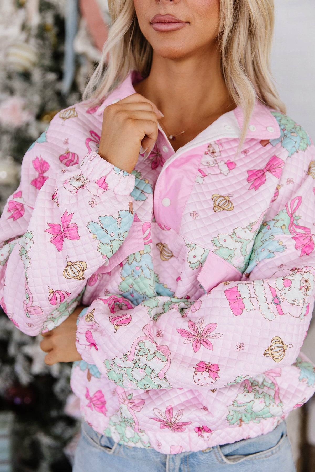 Pink Cute Christmas Print Collar Half Button Loose Sweatshirt