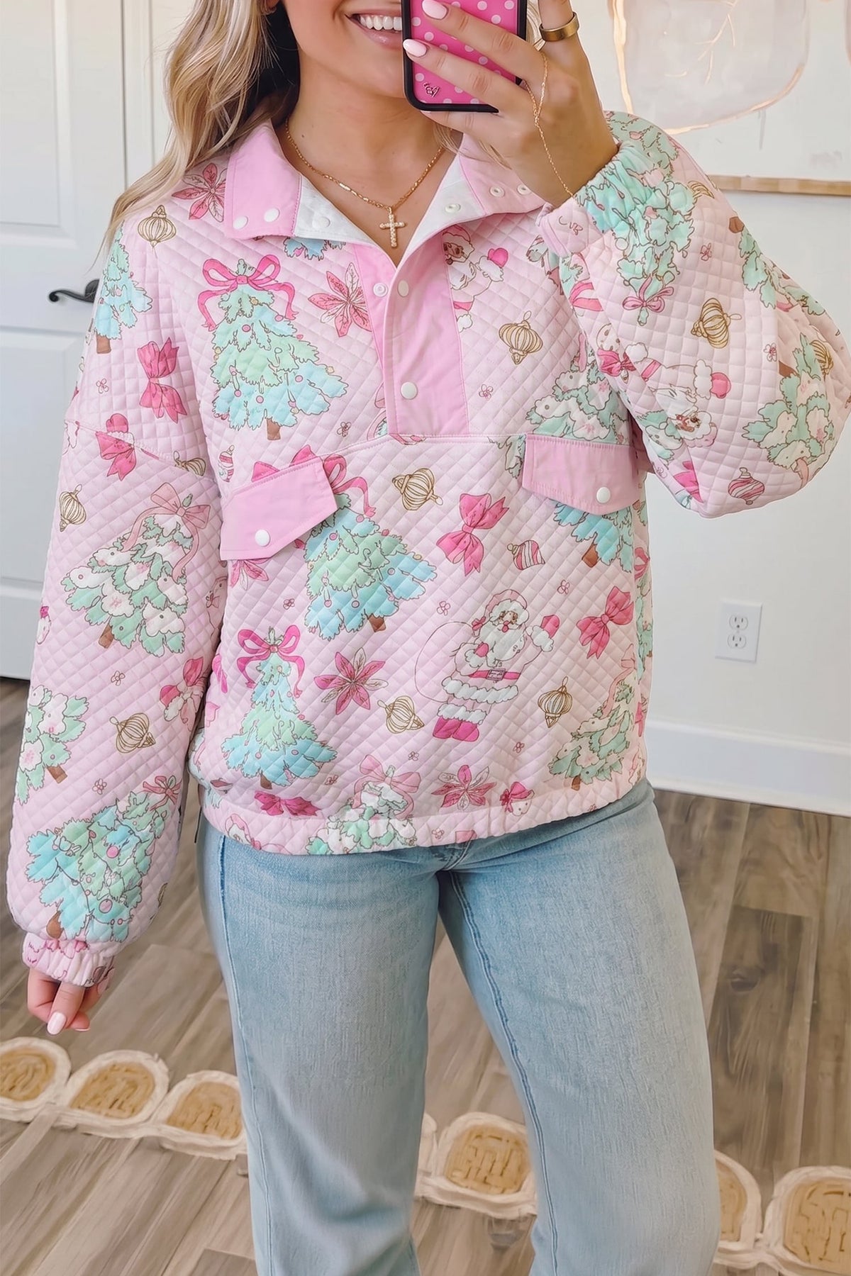Pink Cute Christmas Print Collar Half Button Loose Sweatshirt