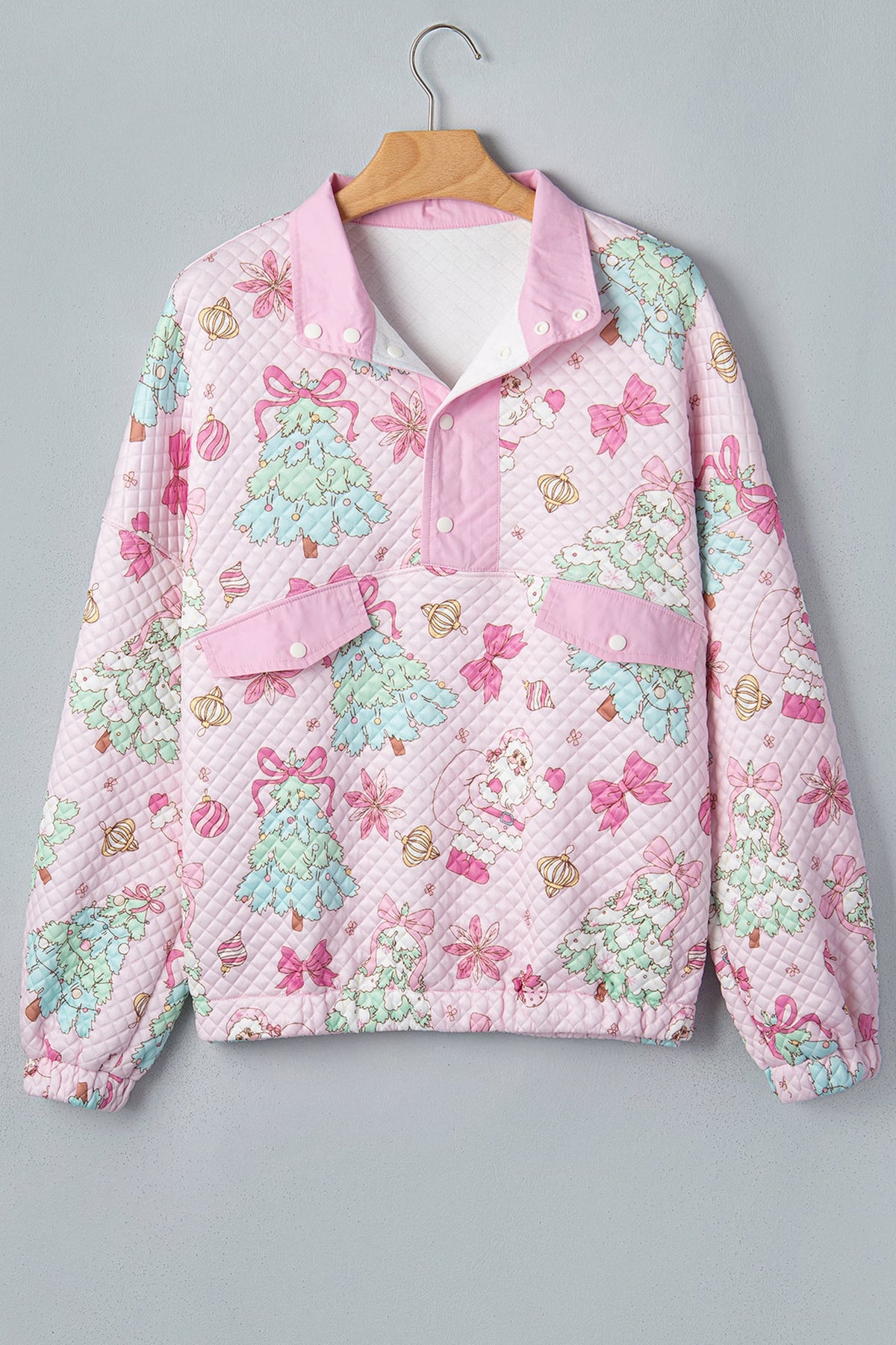Pink Cute Christmas Print Collar Half Button Loose Sweatshirt