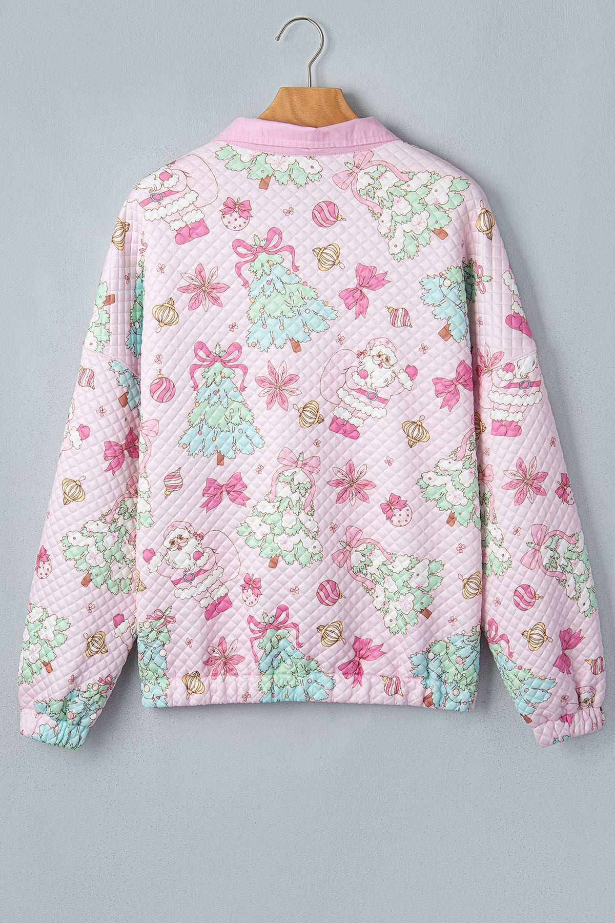 Pink Cute Christmas Print Collar Half Button Loose Sweatshirt