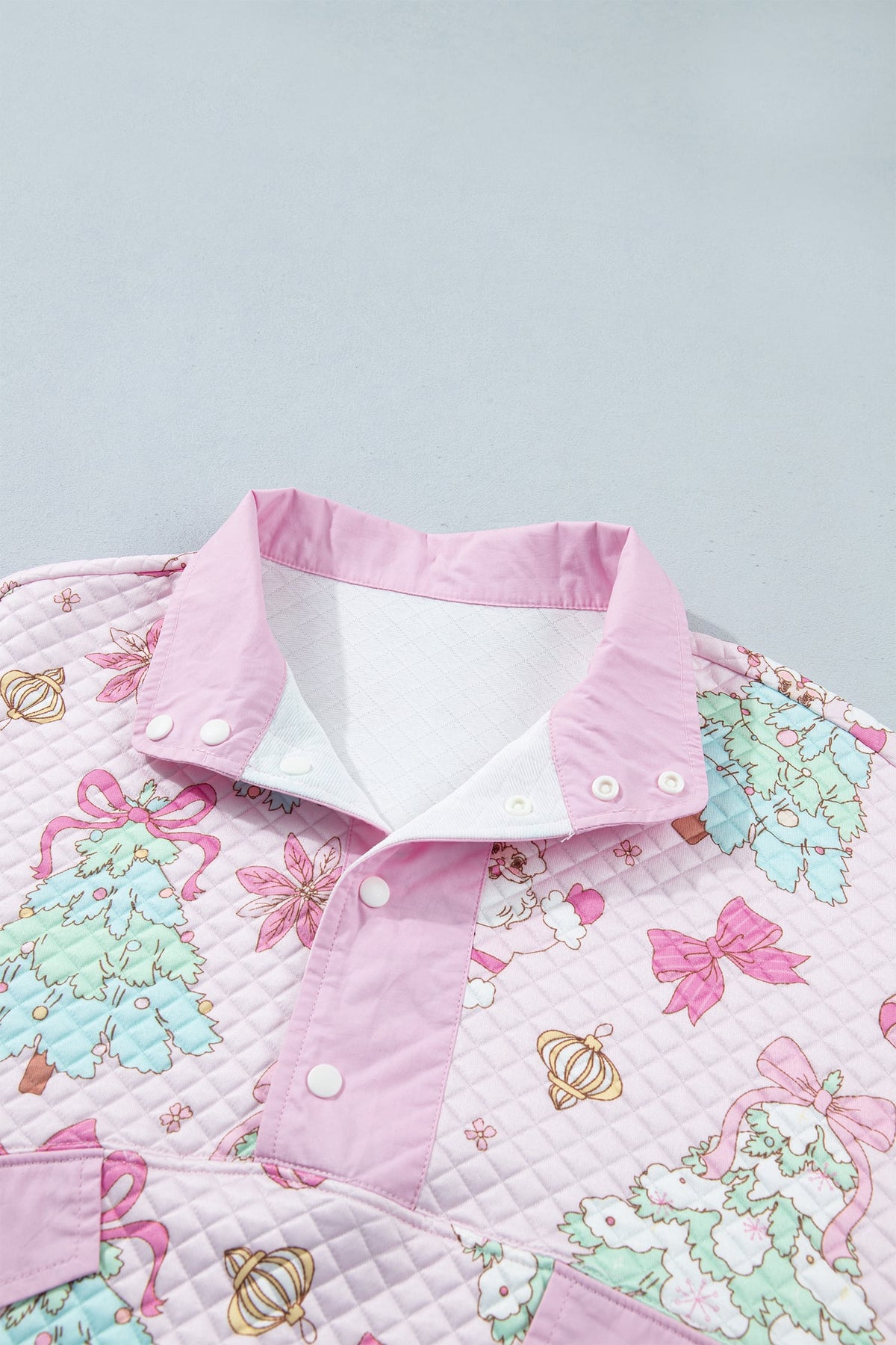 Pink Cute Christmas Print Collar Half Button Loose Sweatshirt