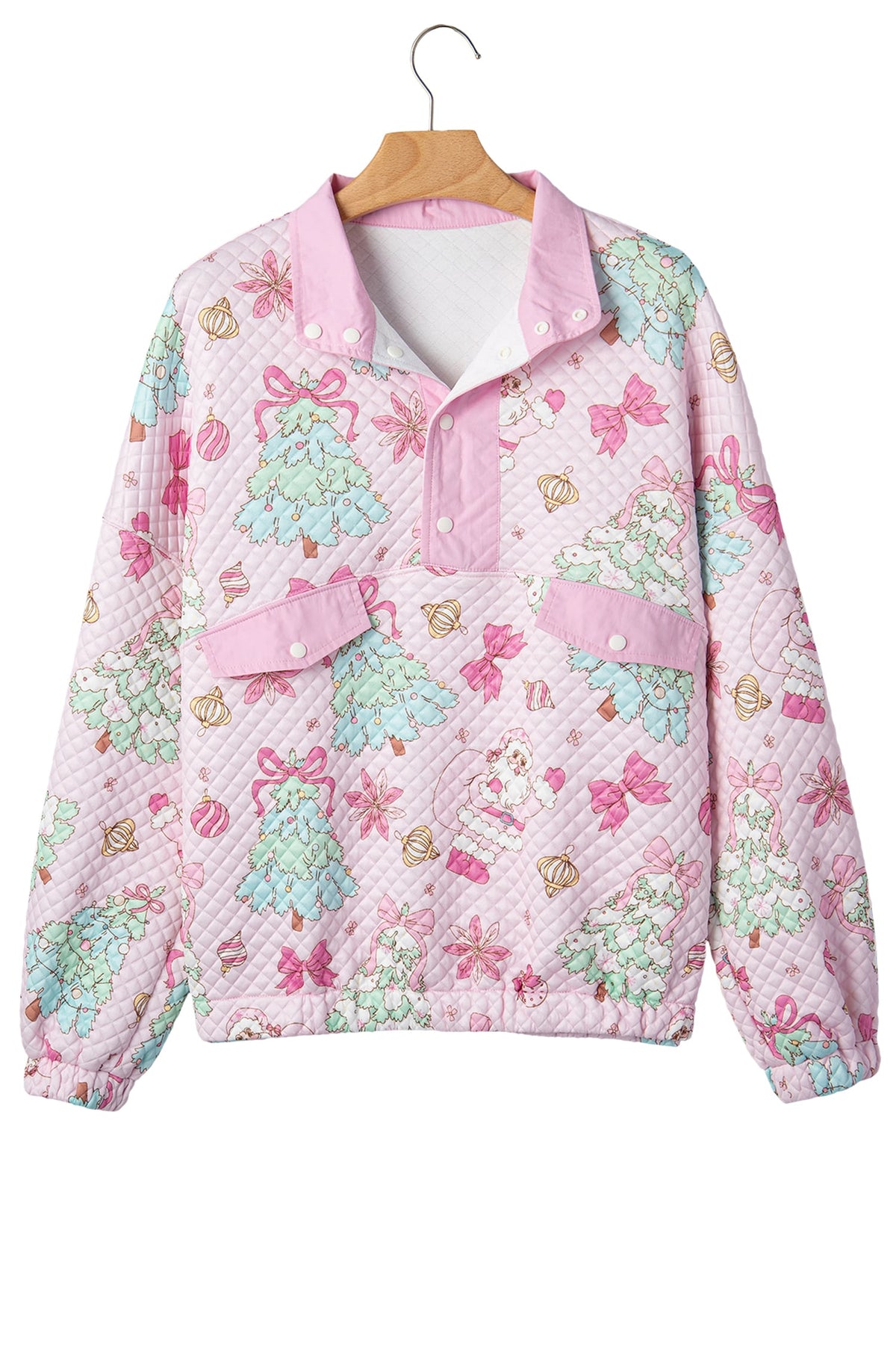 Pink Cute Christmas Print Collar Half Button Loose Sweatshirt