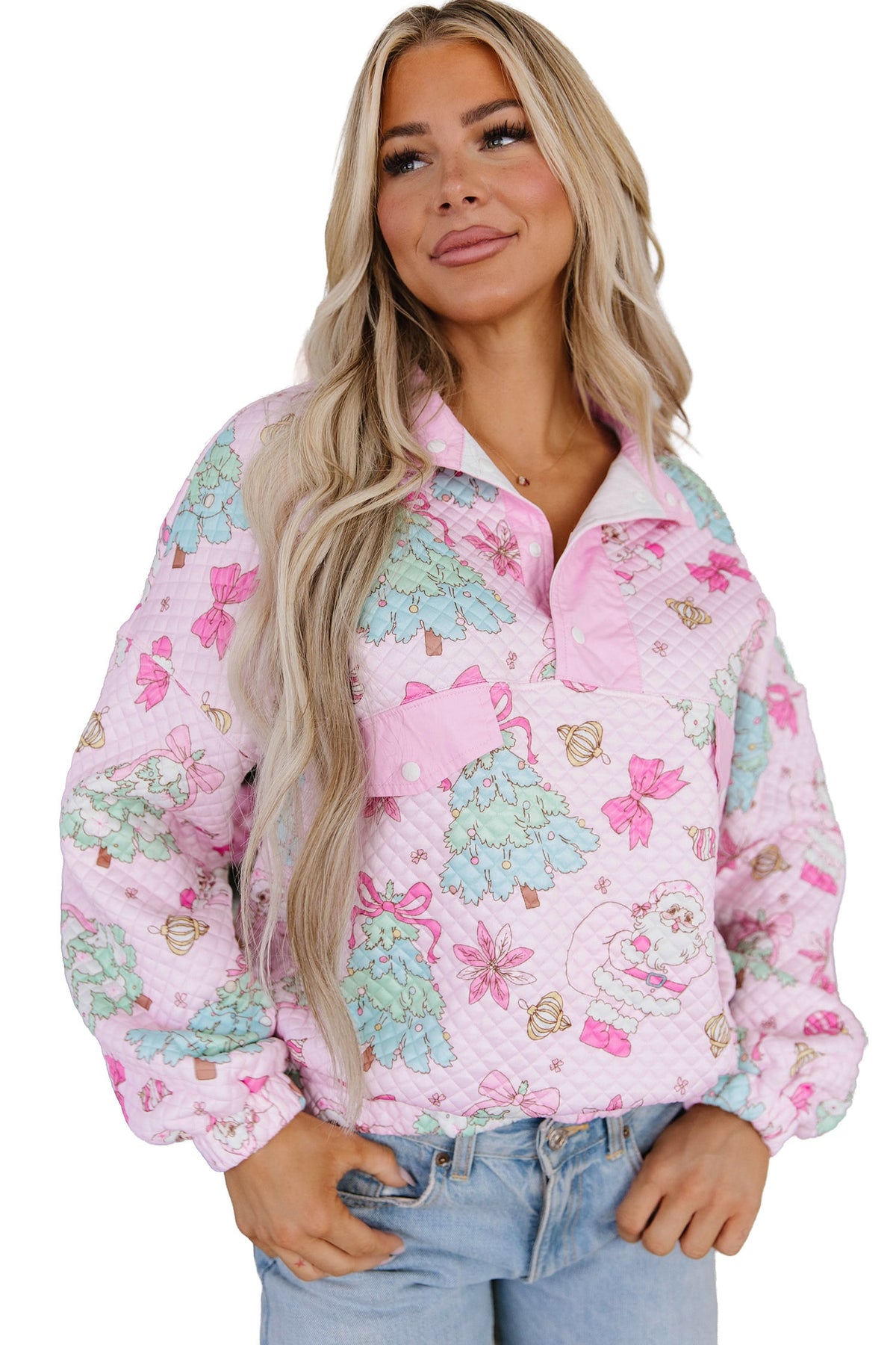 Pink Cute Christmas Print Collar Half Button Loose Sweatshirt