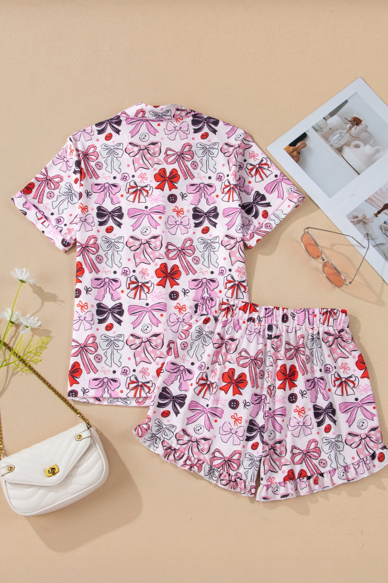 Pink Cute Ribbon Bows Printed 2pcs Short Pajama Set