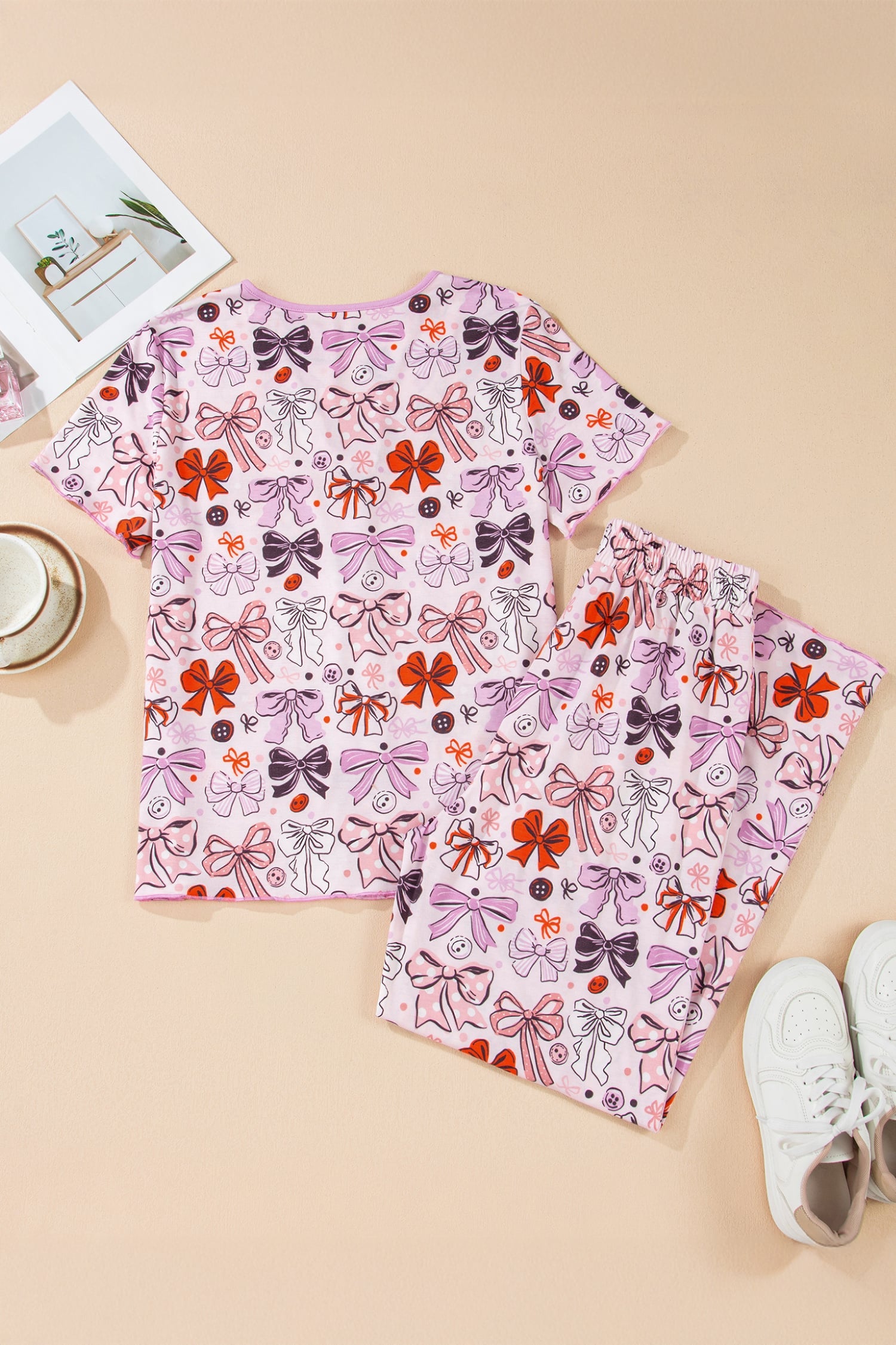 Pink Diverse Bows Buttons Printed Contrast Trim Short Sleeve Shirt Pajama Pant Set
