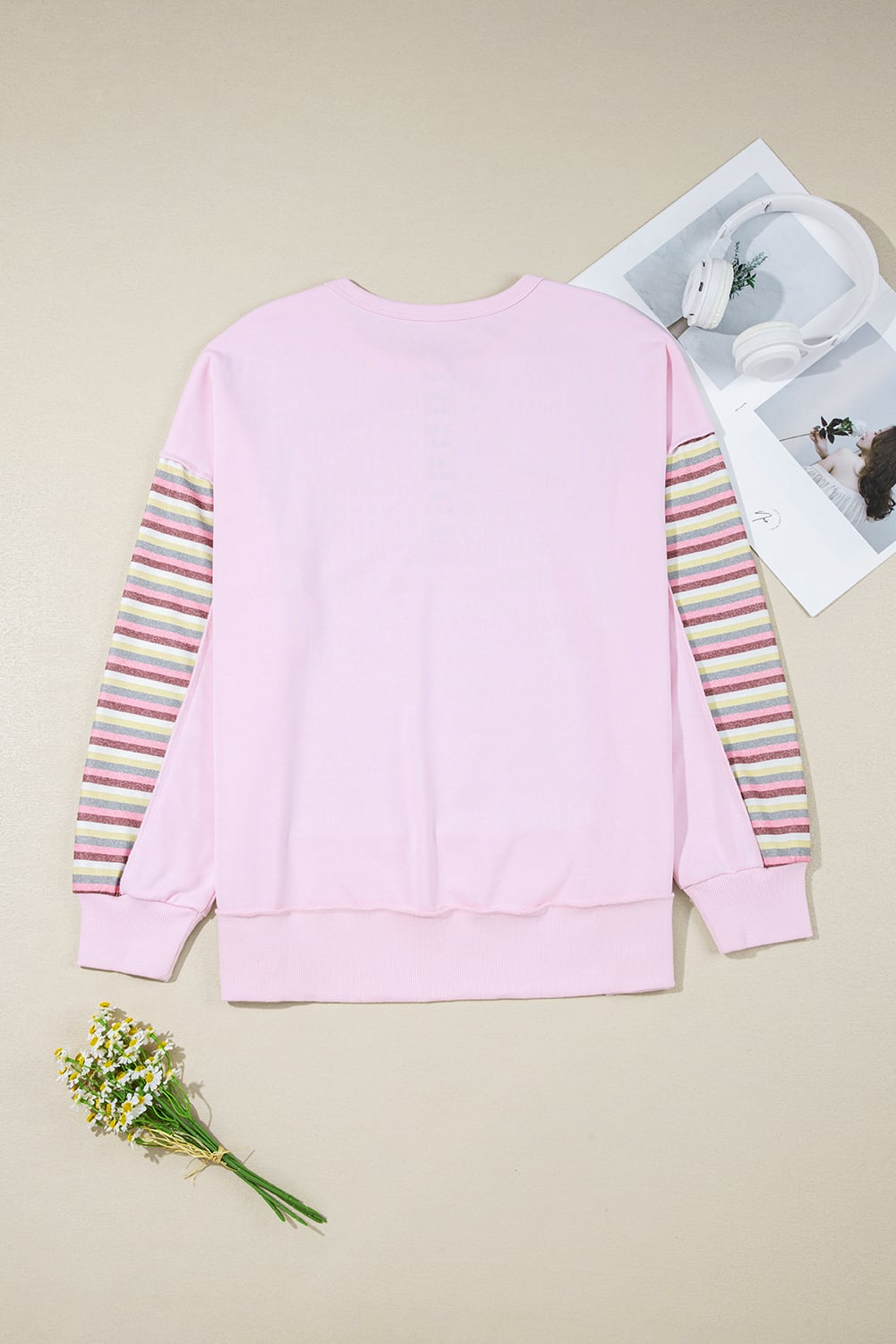 Pink Exposed Seam Color Block Striped Patchwork Loose Henley Sweatshirt