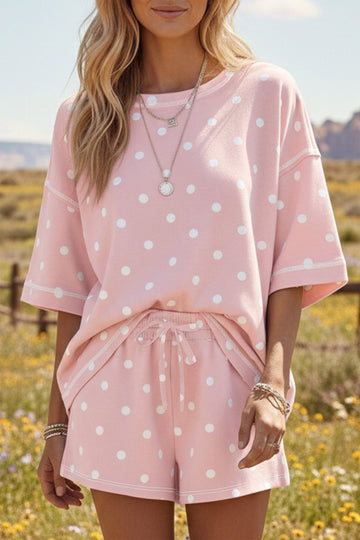 Pink Polka Dot Short Sleeve Loose Top Drawstring Shorts Set