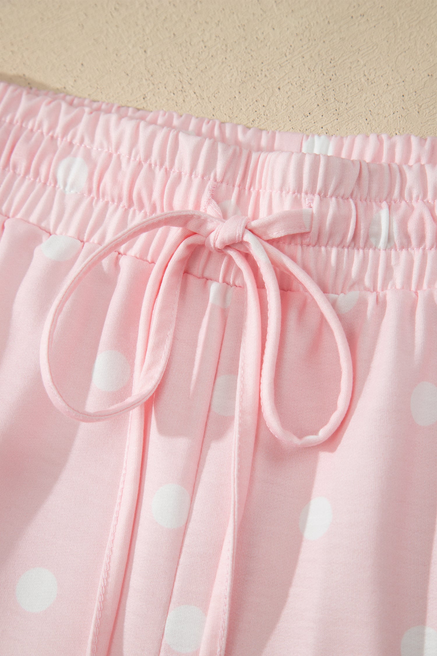Pink Polka Dot Short Sleeve Loose Top Drawstring Shorts Set
