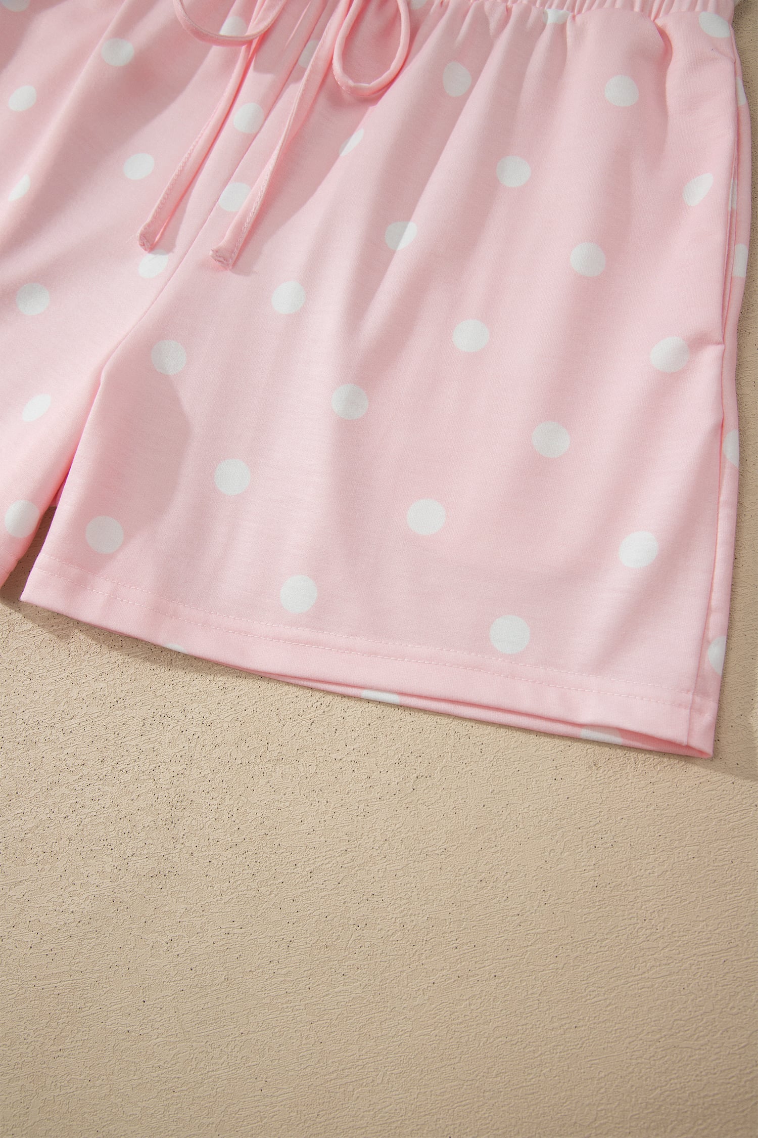 Pink Polka Dot Short Sleeve Loose Top Drawstring Shorts Set