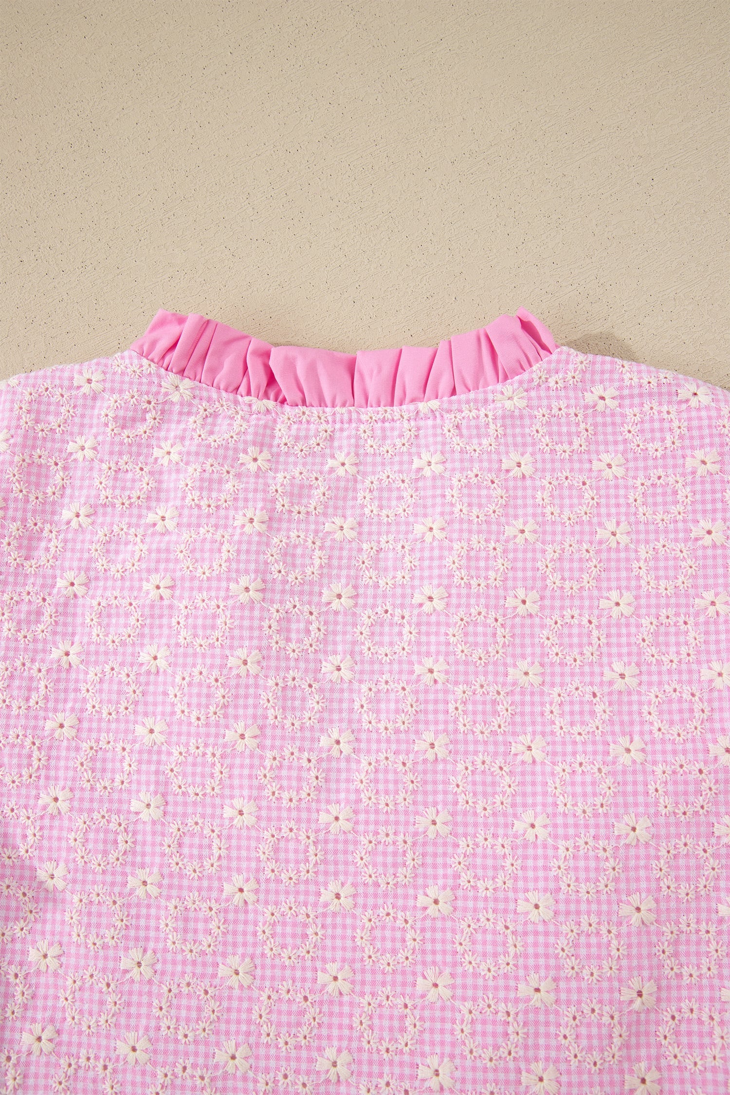 Pink Eyelet Embroidered Flower Texture Contrast Lace Trim Flutter Sleeve Blouse