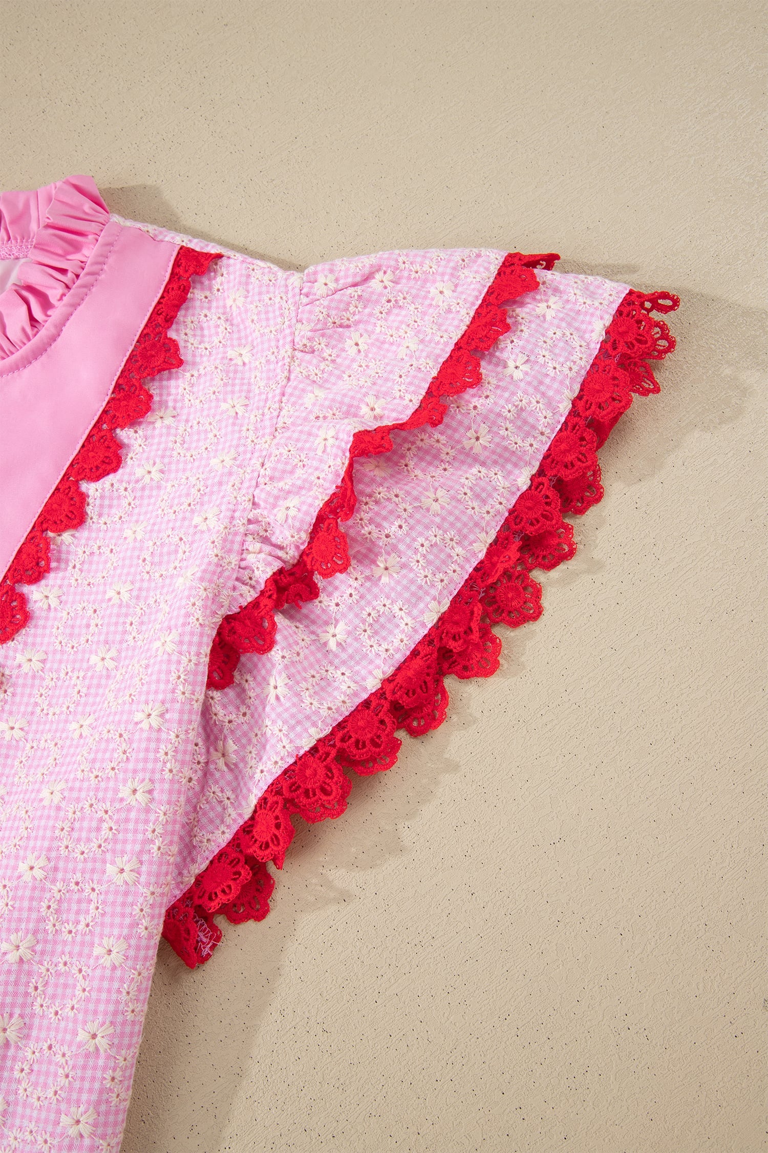 Pink Eyelet Embroidered Flower Texture Contrast Lace Trim Flutter Sleeve Blouse