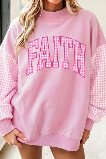 Pink FAITH Plaid Colorblock Pullover Sweatshirt