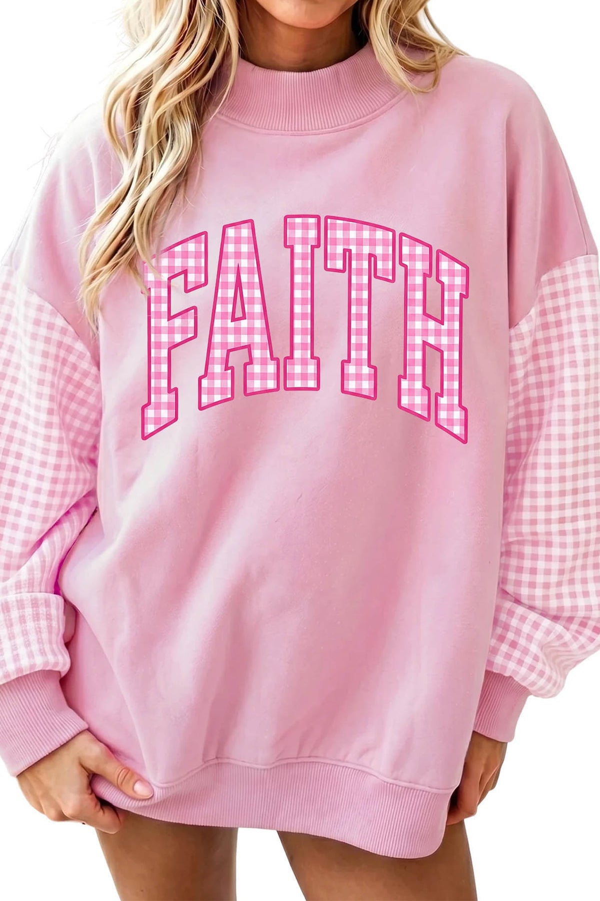 Pink FAITH Plaid Colorblock Pullover Sweatshirt