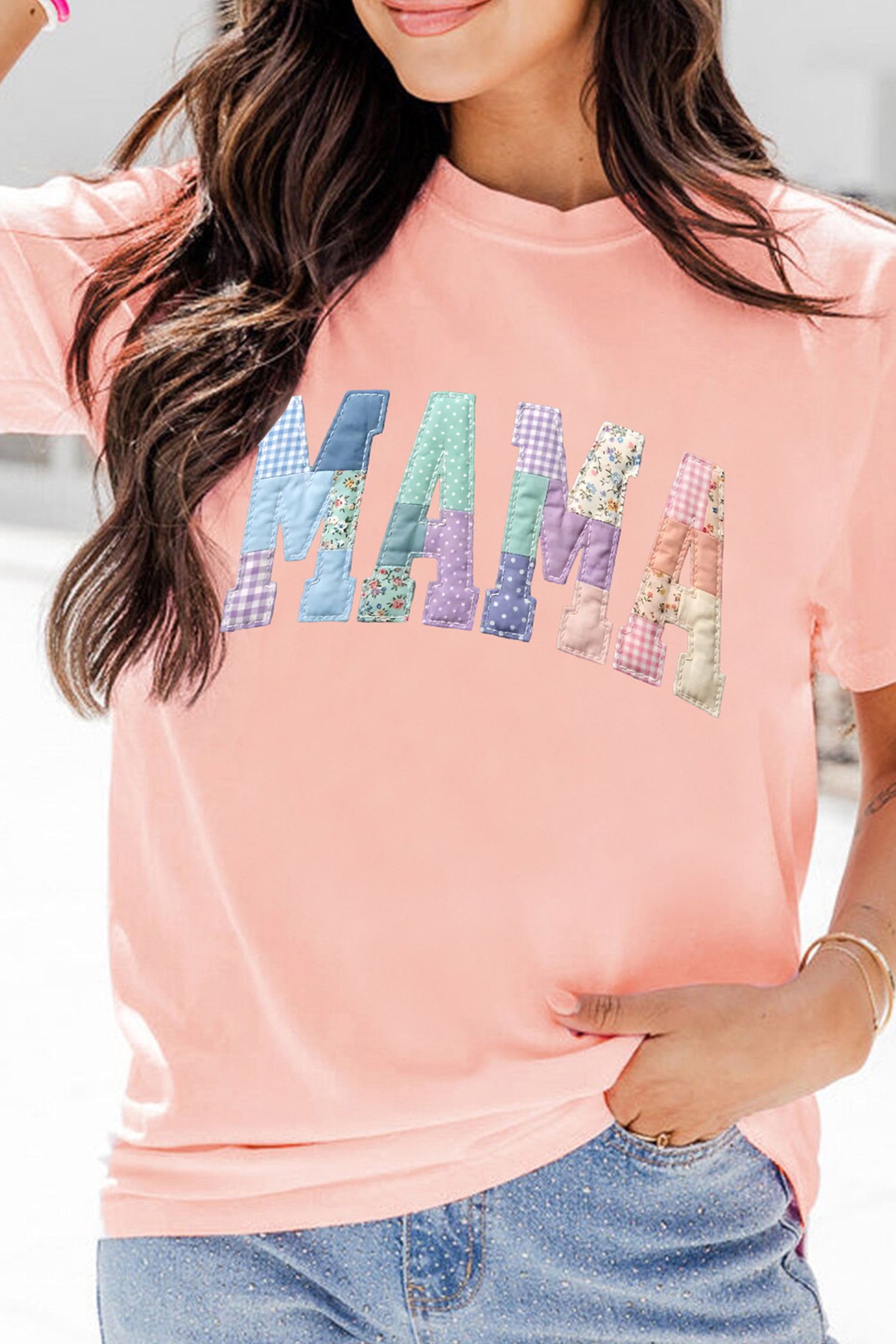 Pink Faux Patchwork Print Floral MAMA Lettering T Shirt