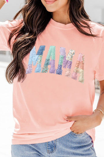 Pink Faux Patchwork Print Floral MAMA Lettering T Shirt