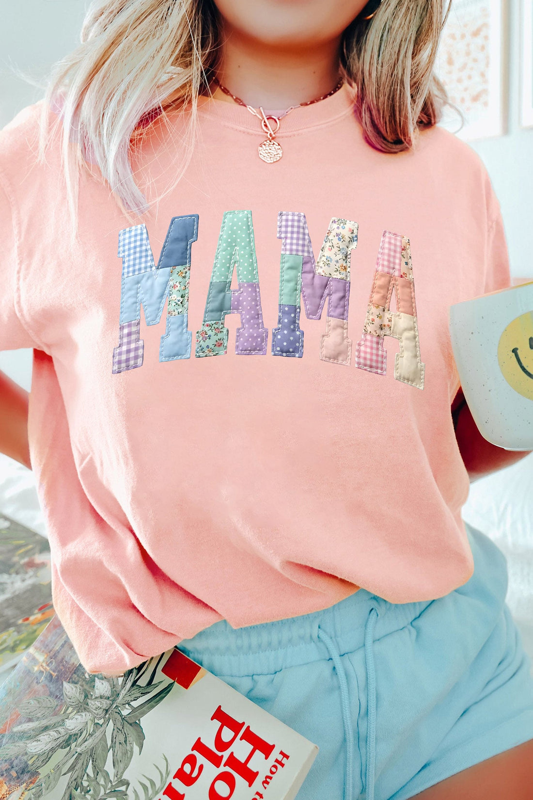 Pink Faux Patchwork Print Floral MAMA Lettering T Shirt