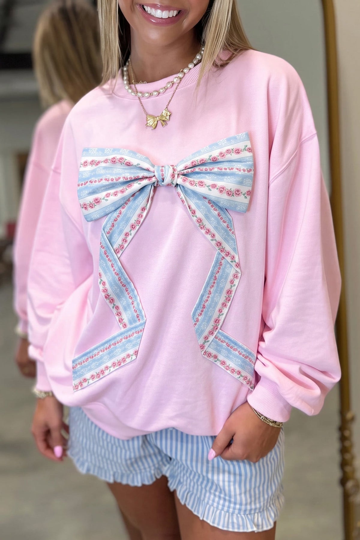 Pink Floral Bow Decoration Drop Shoulder Long Sleeve Top