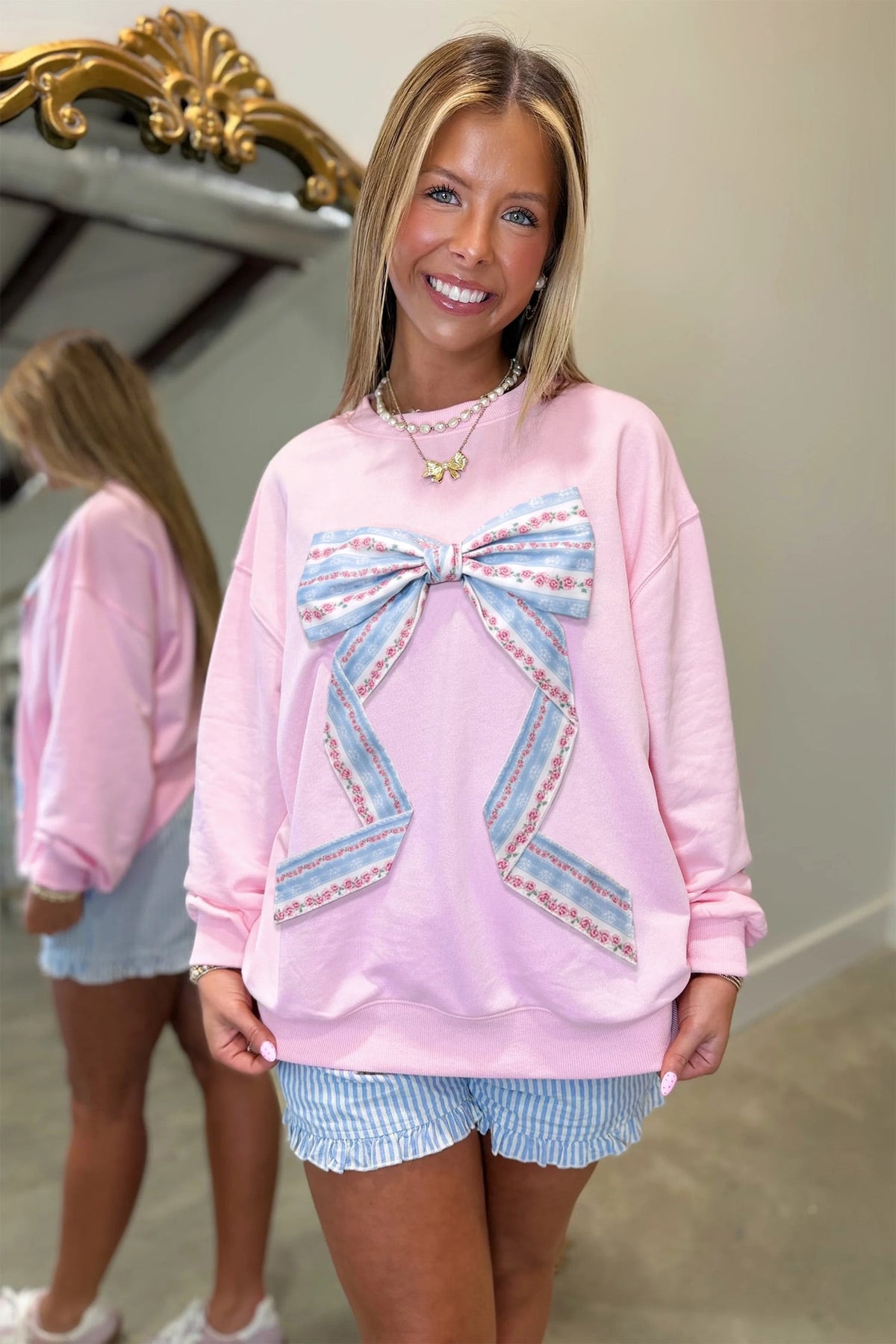 Pink Floral Bow Decoration Drop Shoulder Long Sleeve Top