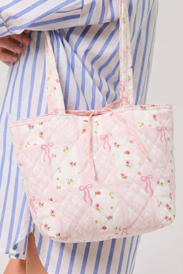 Pink Floral Bow Pattern Quilted Cotton Tote Bag
