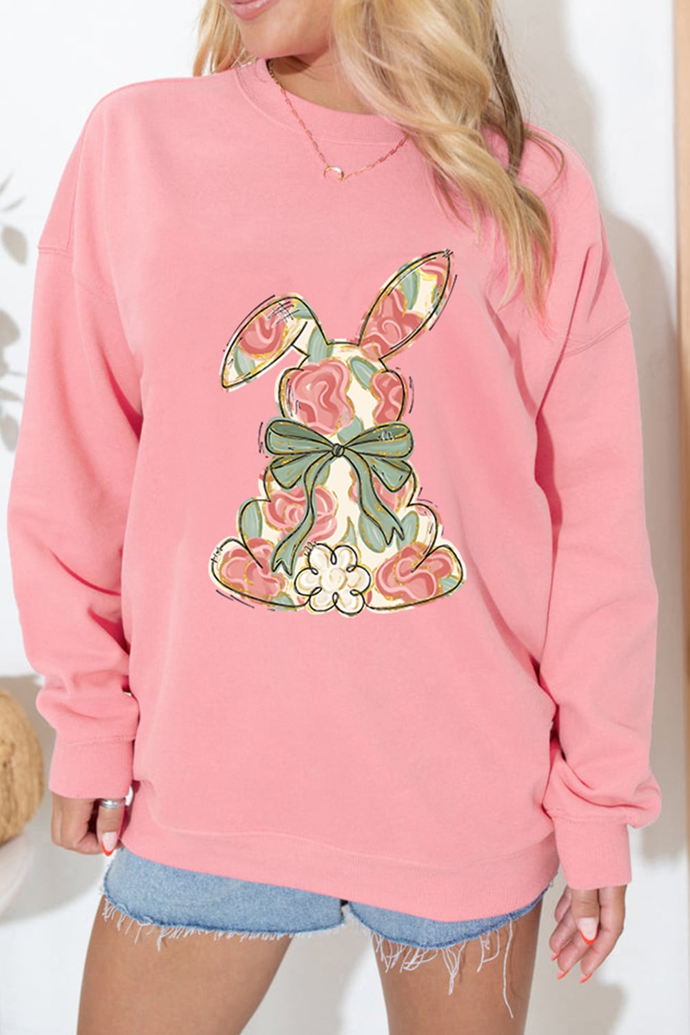 Pink Floral Bow Rabbit Easter Fashion Pullover Sweatshirt